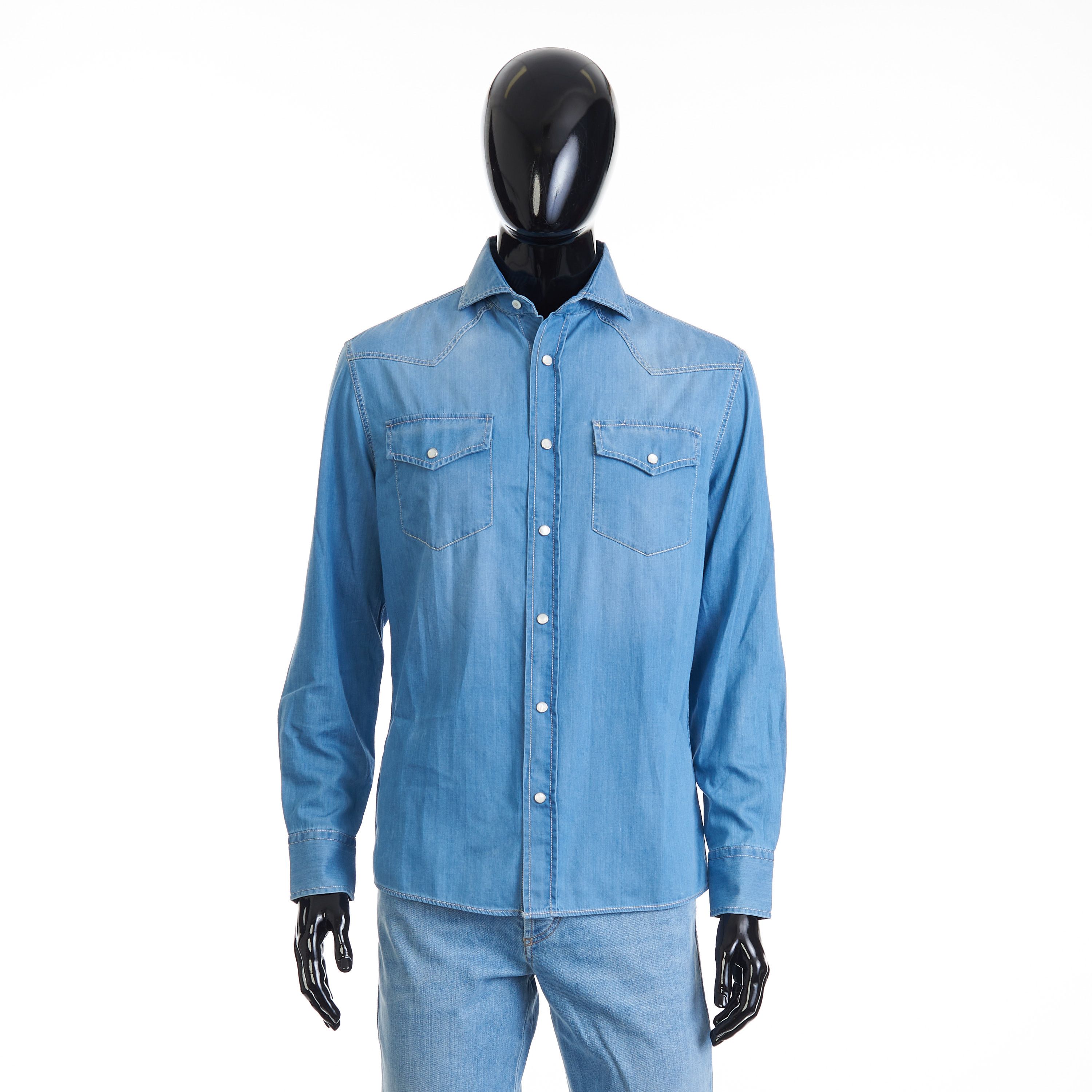 Brunello Cucinelli Easy Fit Blue Western Shirt - Lightweight Denim Size US M / EU 48-50 / 2 - 1 Thumbnail