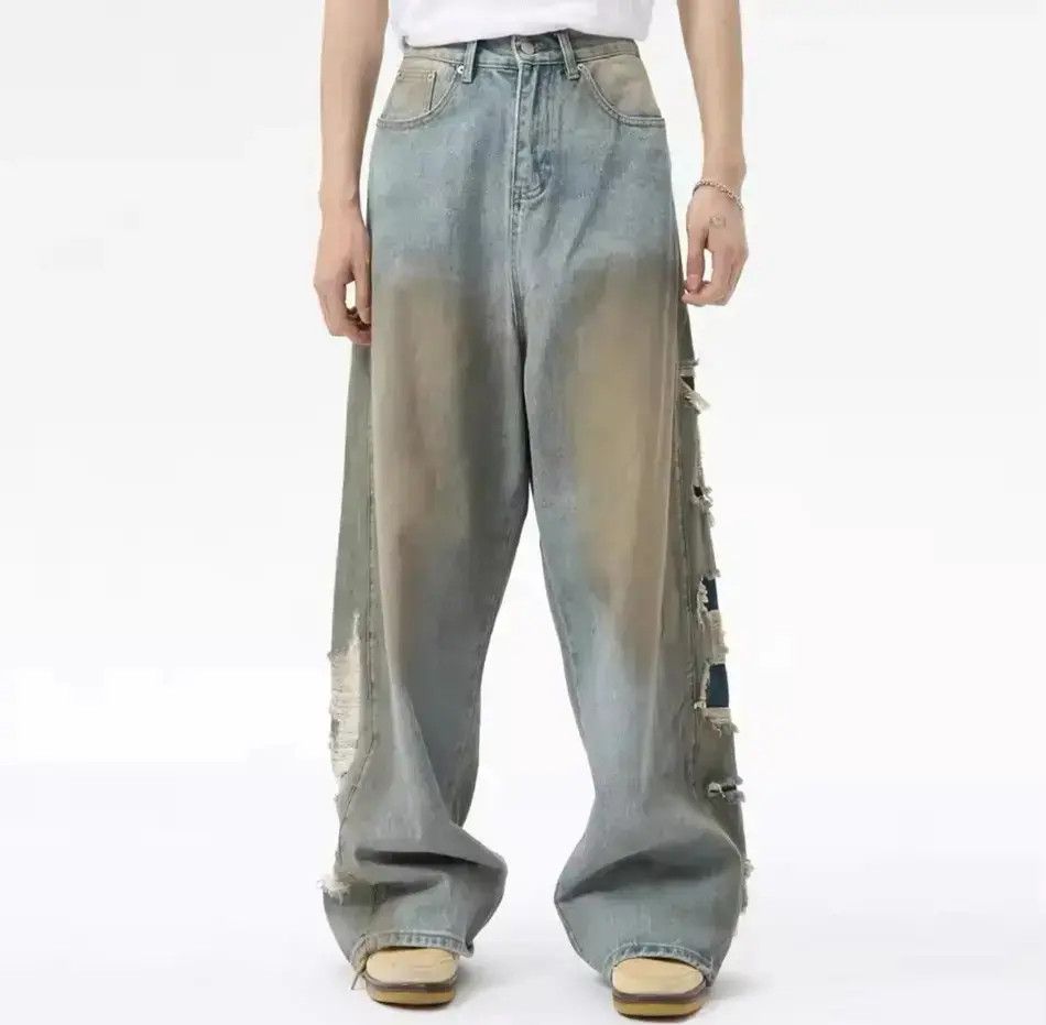 Japanese Brand Streetwear Distressed Hole Loose Straight Jeans y2k Size US 32 / EU 48 - 1 Thumbnail