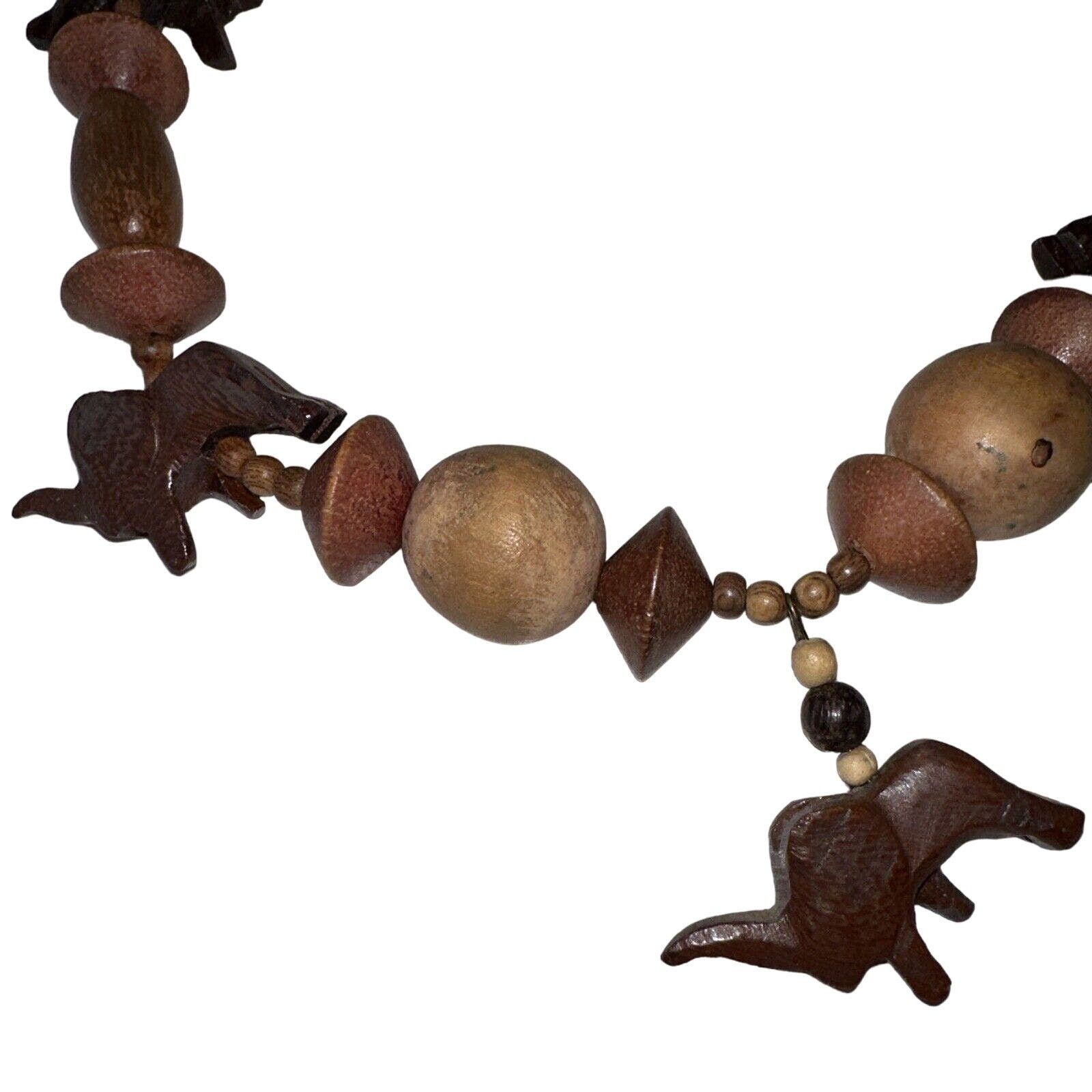 Handmade African Safari Chunky Wooden Necklace Carved Elephants Lions Size ONE SIZE - 7 Thumbnail