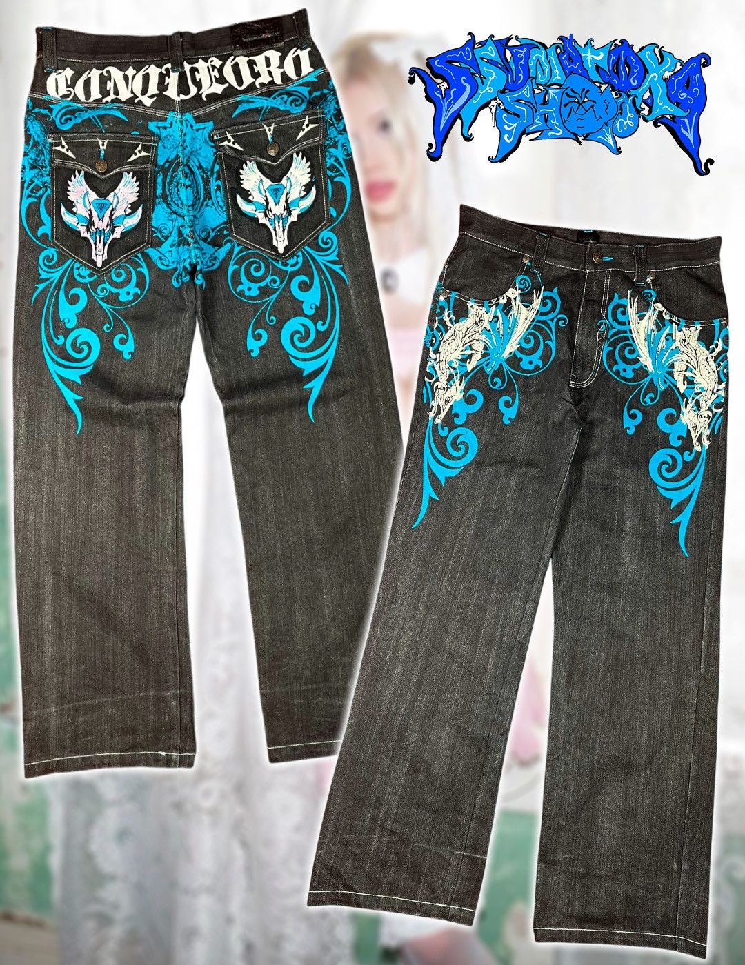 Other Raw Blue Jeans Y2K Turquoise Blue Baroque Skull Wing Graphic Size US 36 / EU 52 - 1 Thumbnail