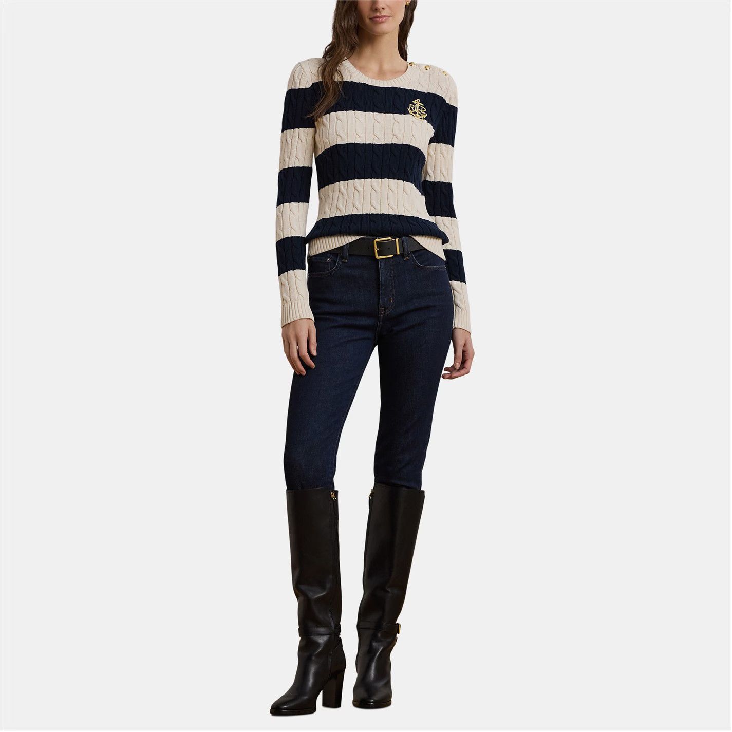 Lauren Ralph Lauren o1g2r1mq0825 Montiva Cable Knit Sweatshirt in Cream/Navy Size L / US 10 / IT 46 - 2 Thumbnail