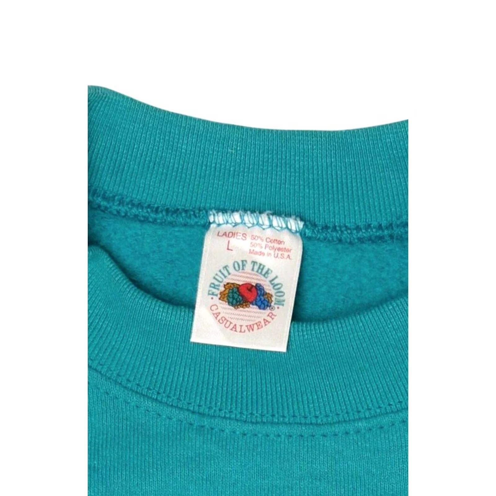 Fruit Of The Loom VINTAGE Hand Painted Cat Raglan Sweatshirt Large Turquoise Blue 1990s Mens Womens Girls Boys Fruit of the Loom USA Cotton Polyester Size US L / EU 52-54 / 3 - 3 Thumbnail