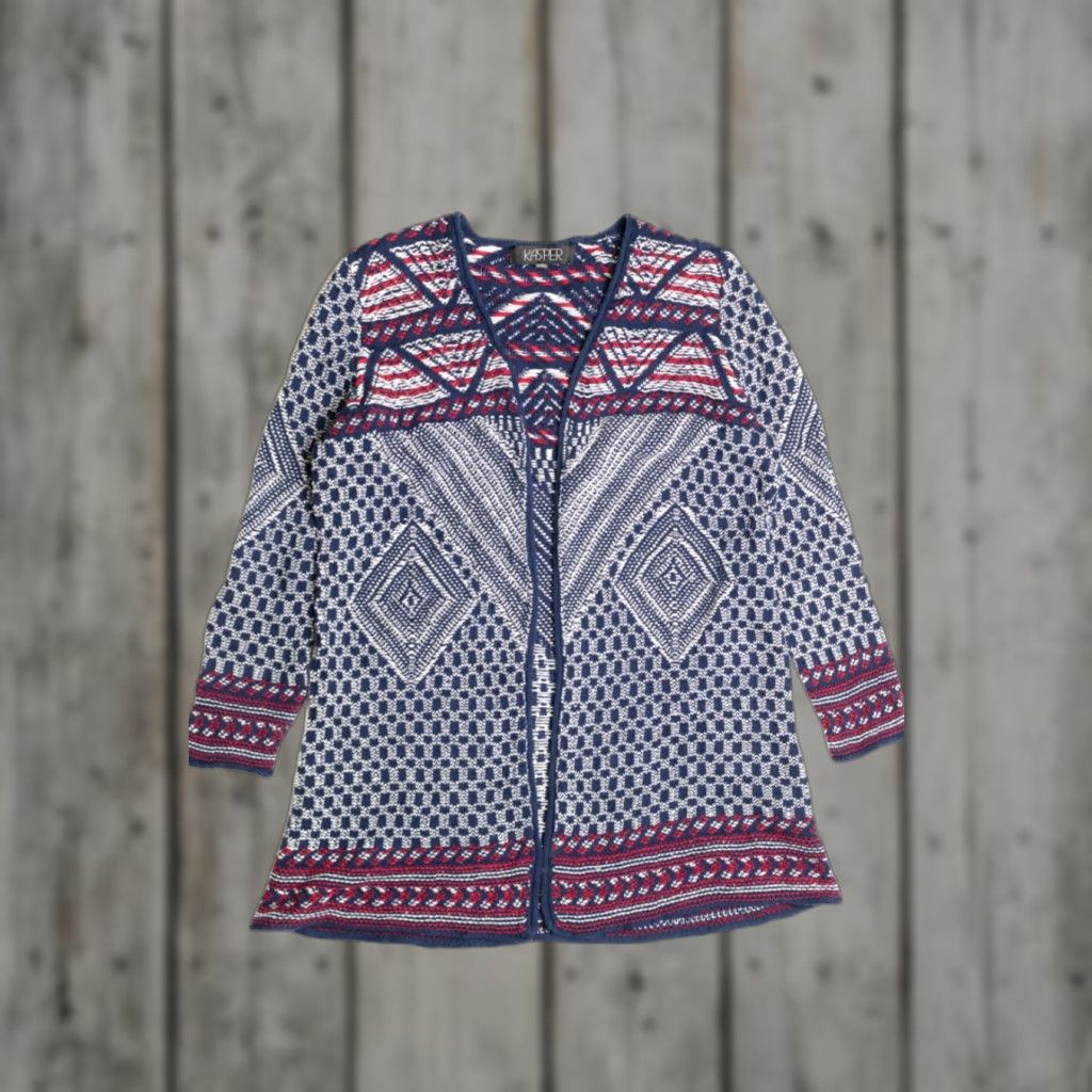 Kasper VINTAGE Kasper Sweater Medium Dark Blue Geometric Pattern Cardigan 80s Mens Size M / US 6-8 / IT 42-44 - 1 Preview