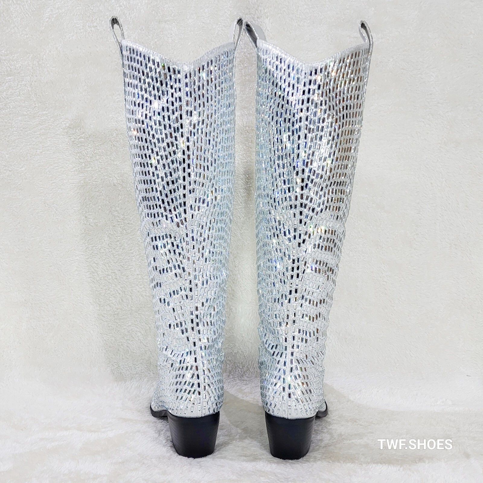 Other Shattered Silver Rhinestone Western Cowgirl Knee Boots NEW ( Size US 7.5 / IT 37.5 - 3 Thumbnail