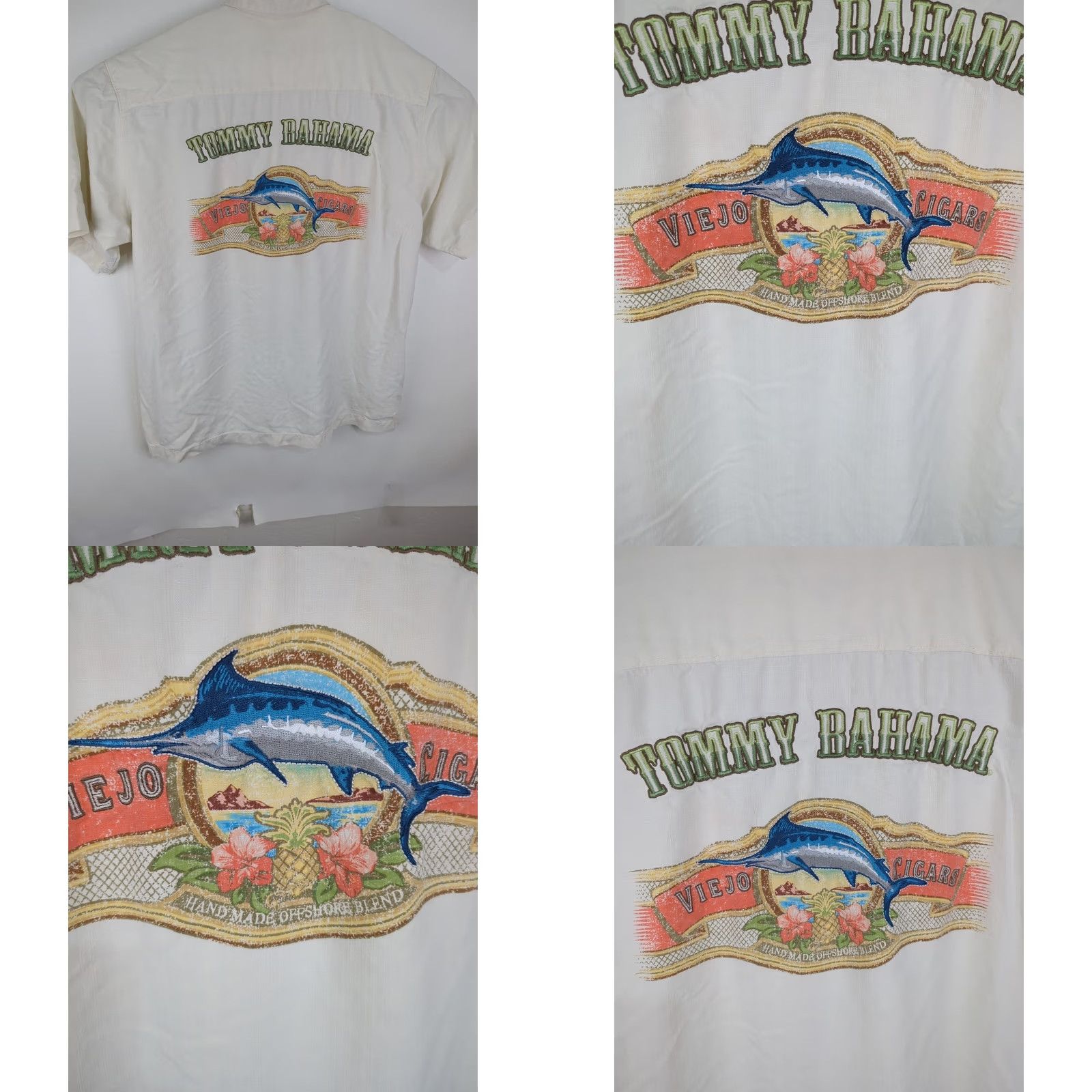 Tommy Bahama VINTAGE Tommy Bahama Silk Hawaiian Shirt Embroidered Marlin Viejo Cigars Large Button-Up Shirt, Cream, Men’s L, Short Sleeve, Casual Size US L / EU 52-54 / 3 - 10 Thumbnail