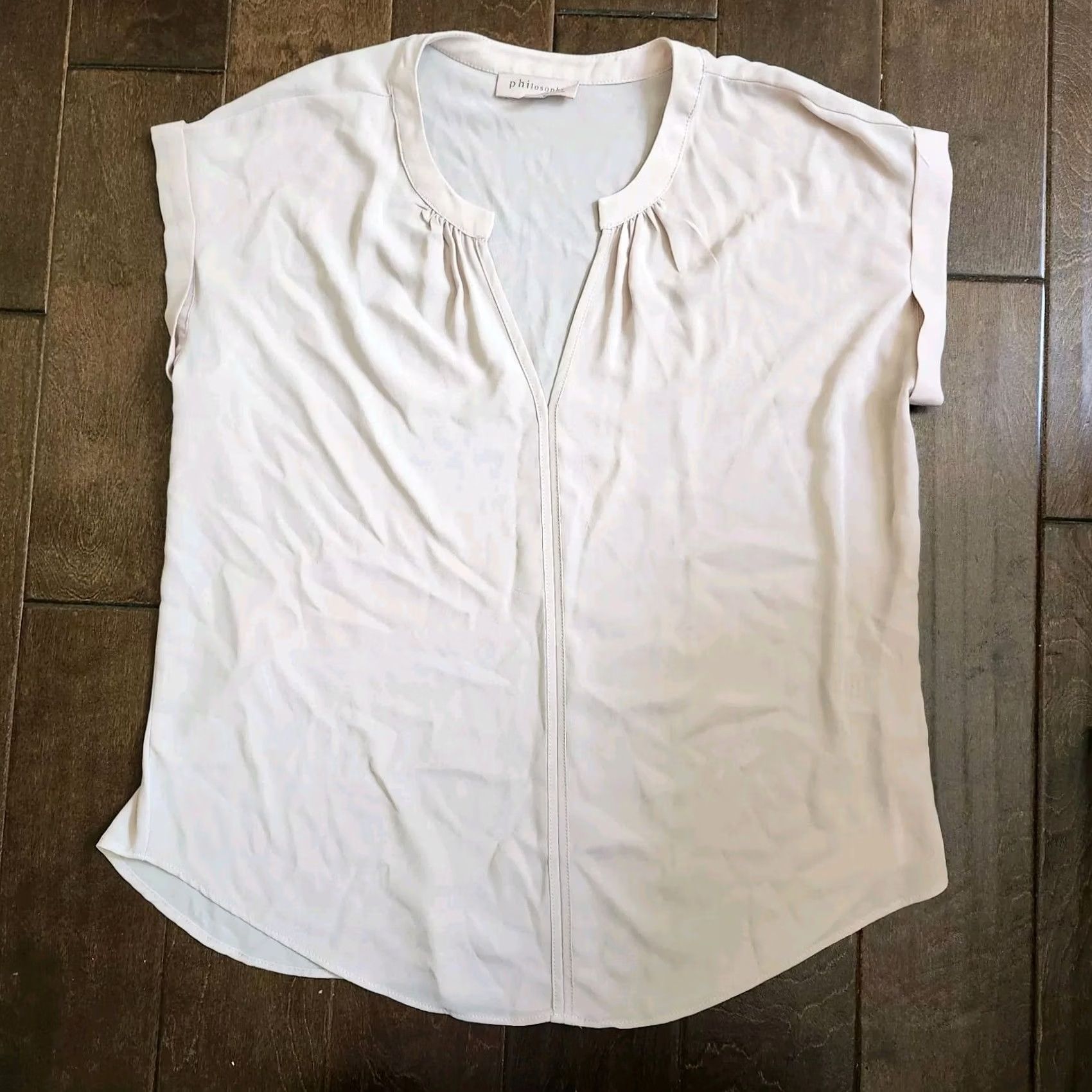 Vintage Philosophy Beige V-Neck Blouse Women's L Regular - Beige, Solid, Polyester, Machine Washable, Casual, Travel, Classic, Spring Summer Fall Size L / US 10 / IT 46 - 2 Thumbnail