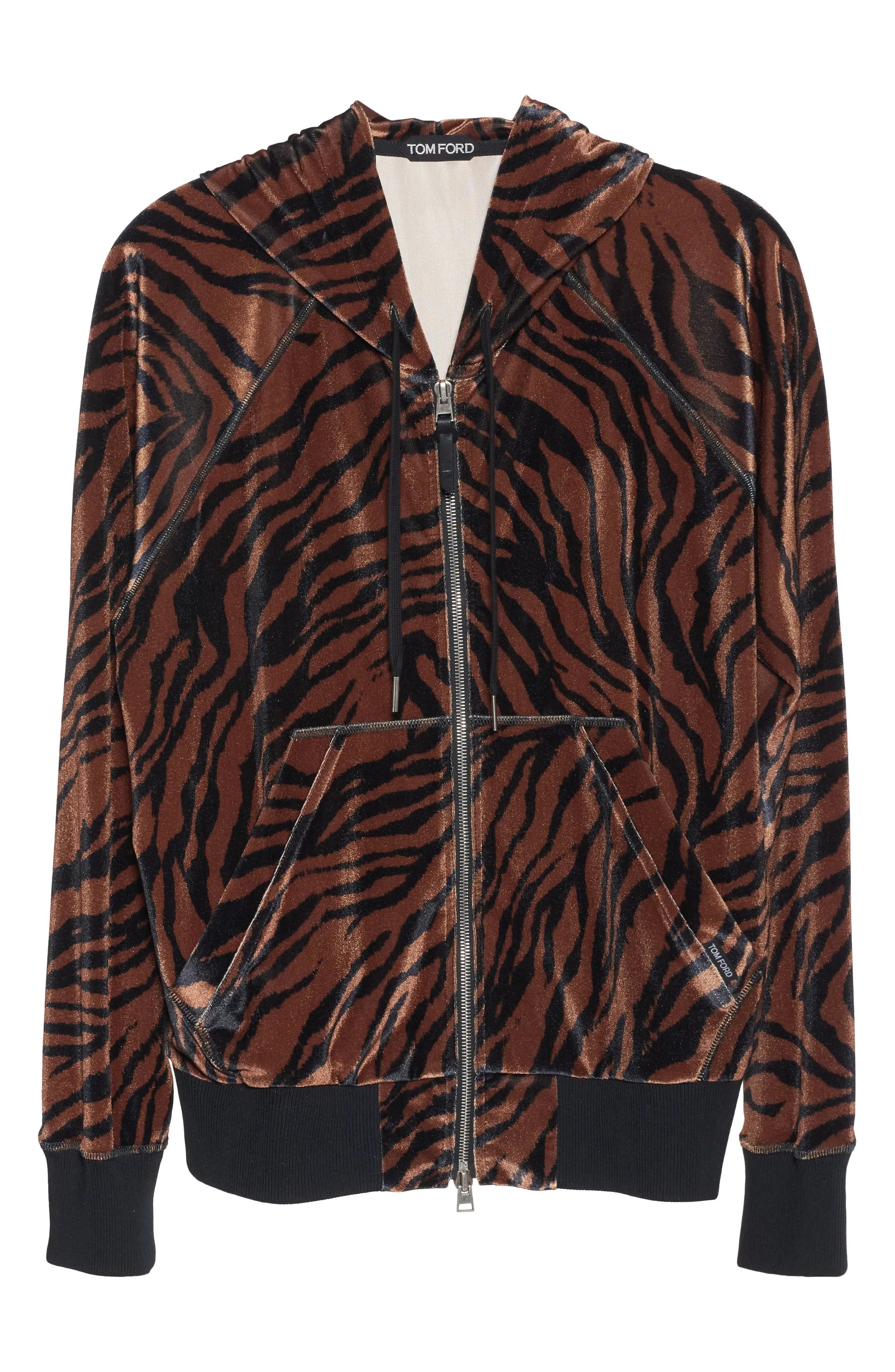 o1loc1c0624 JDL006 Zebra Print Velour Zip Hoodie in Leopard