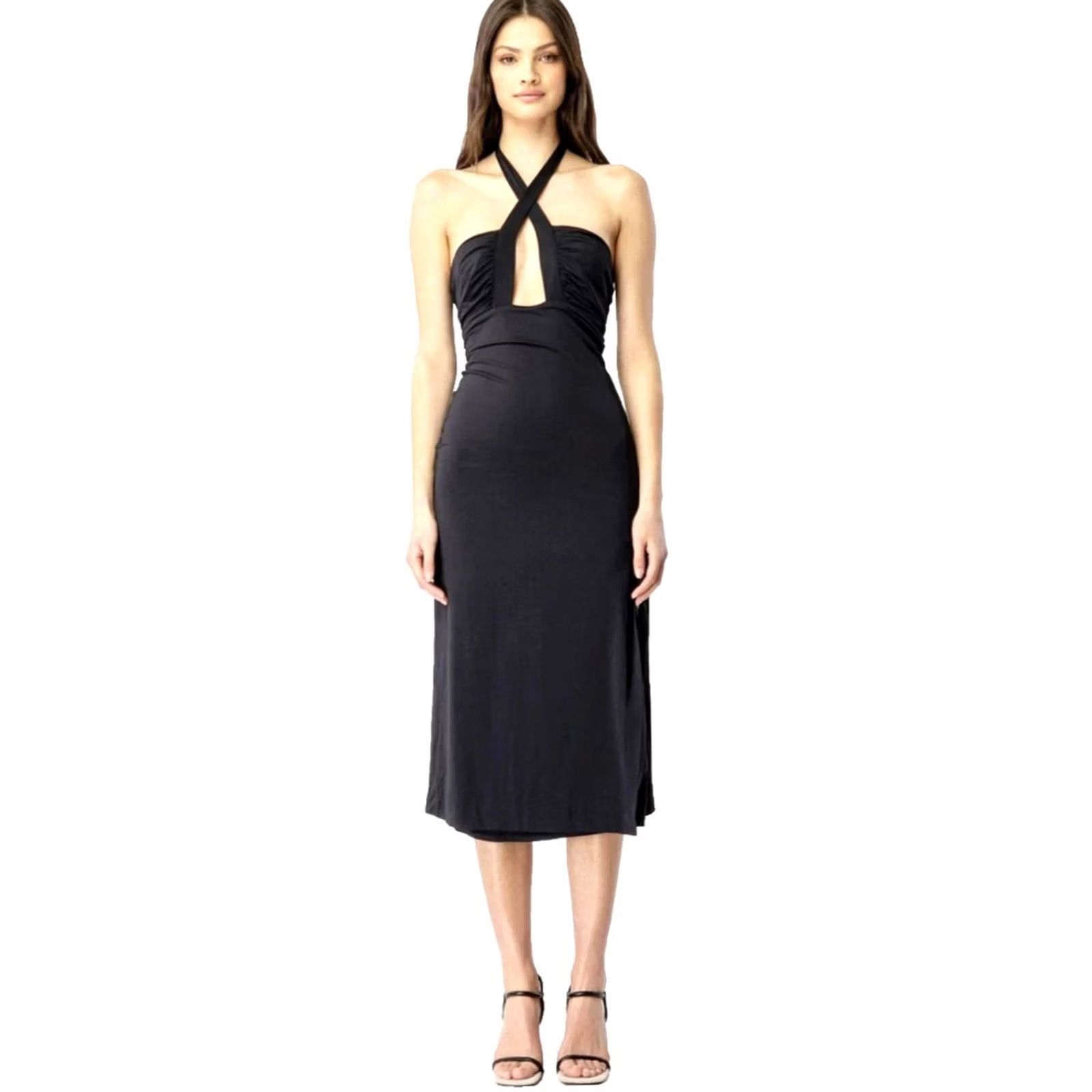 Vintage BARDOT Guilia Midi Dress NWT Black Halter Tie-Neck Side Slit Hidden Back-Zip 6/M Size M / US 6-8 / IT 42-44 - 2 Thumbnail
