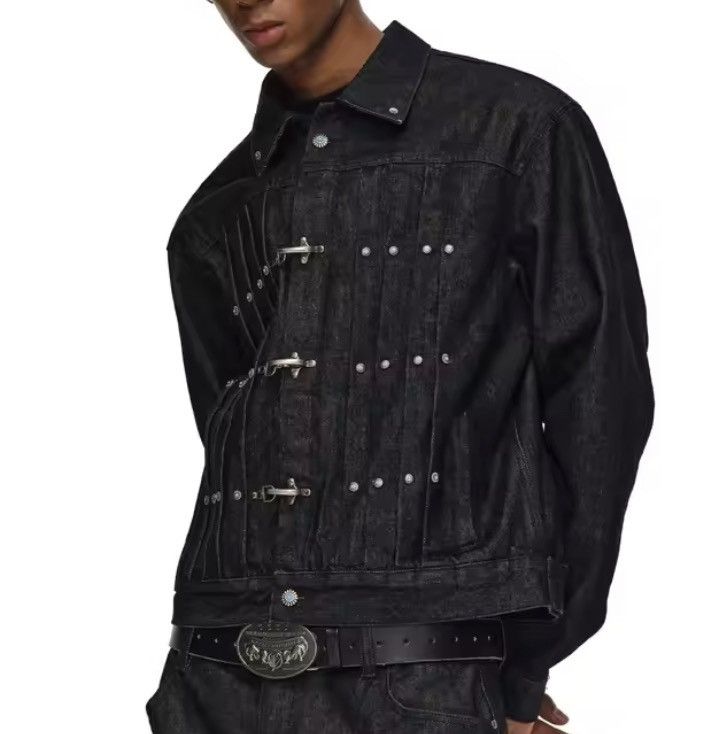Japanese Brand Fireman Clasp Black Cropped Denim Jacket Size US XL / EU 56 / 4 - 2 Thumbnail