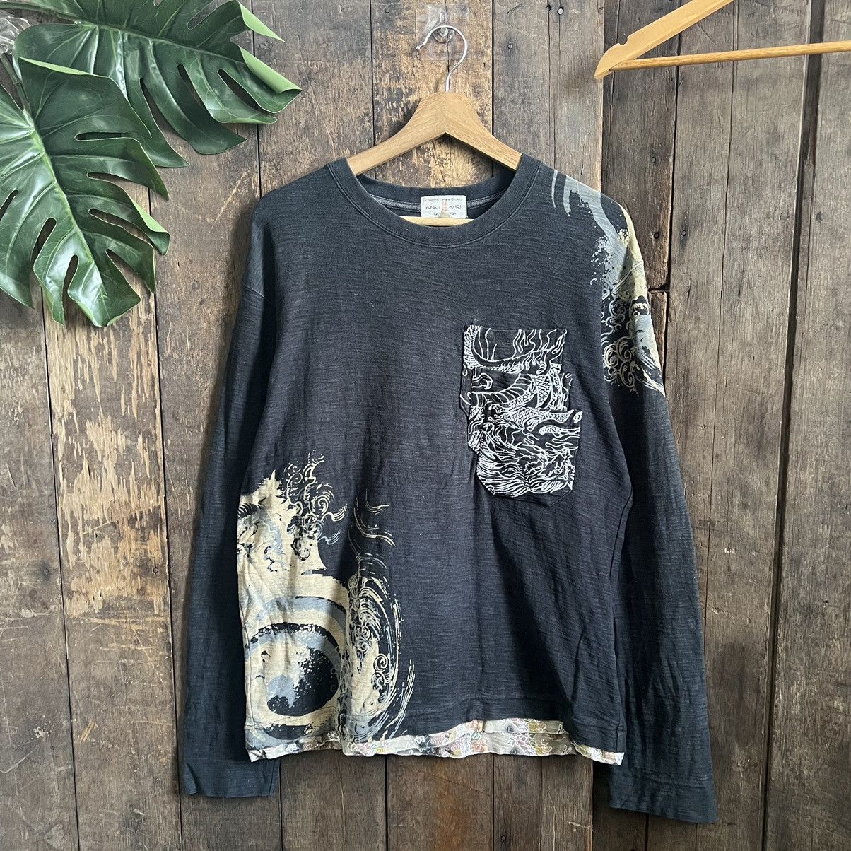 image of Vintage Karakuri Motive Dragon L/s Tshirt in Black, Men's (Size Medium)