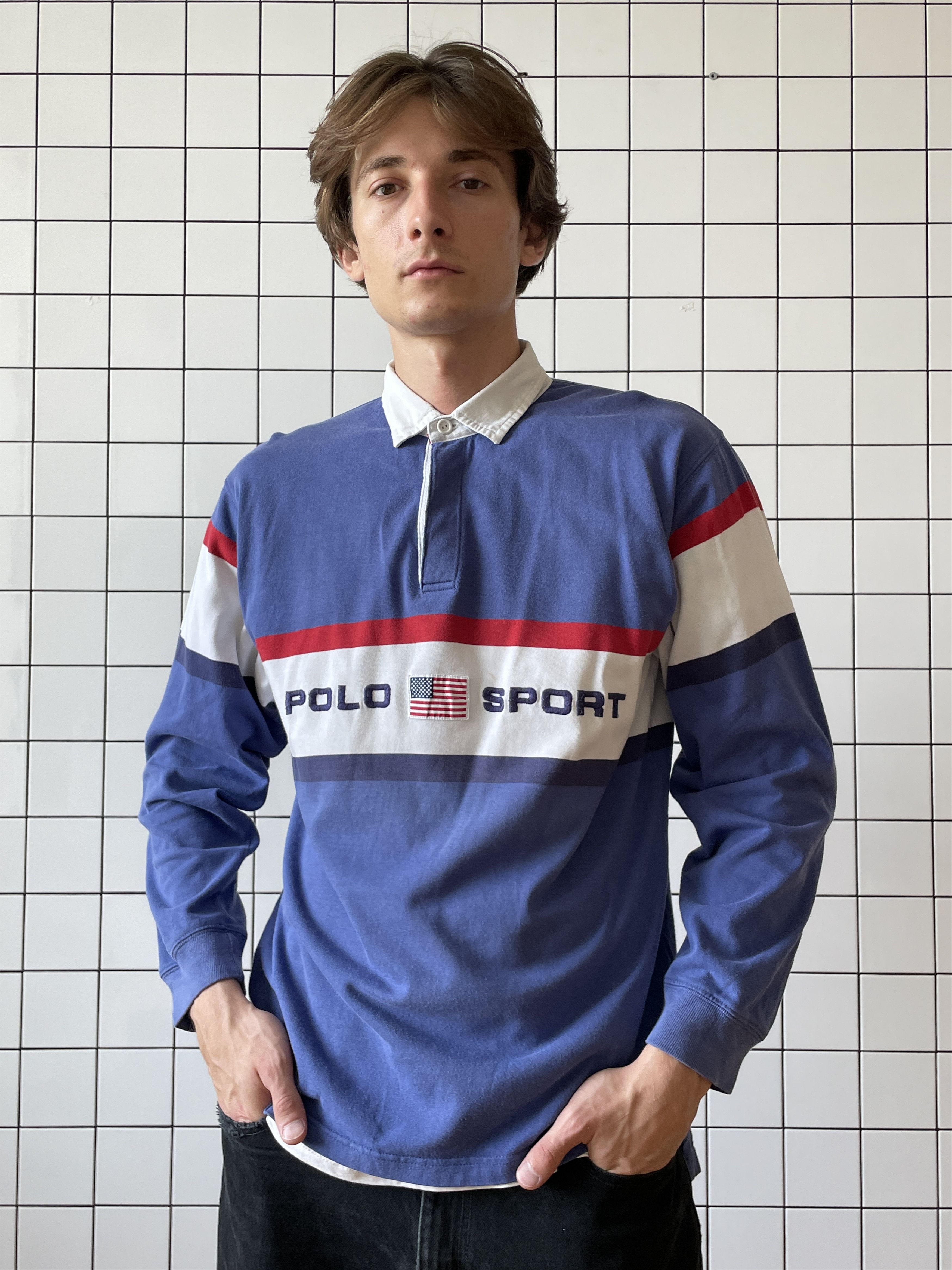 Vintage 1990s Polo Sport Ralph Lauren Striped Colorblock Rugby Shirt