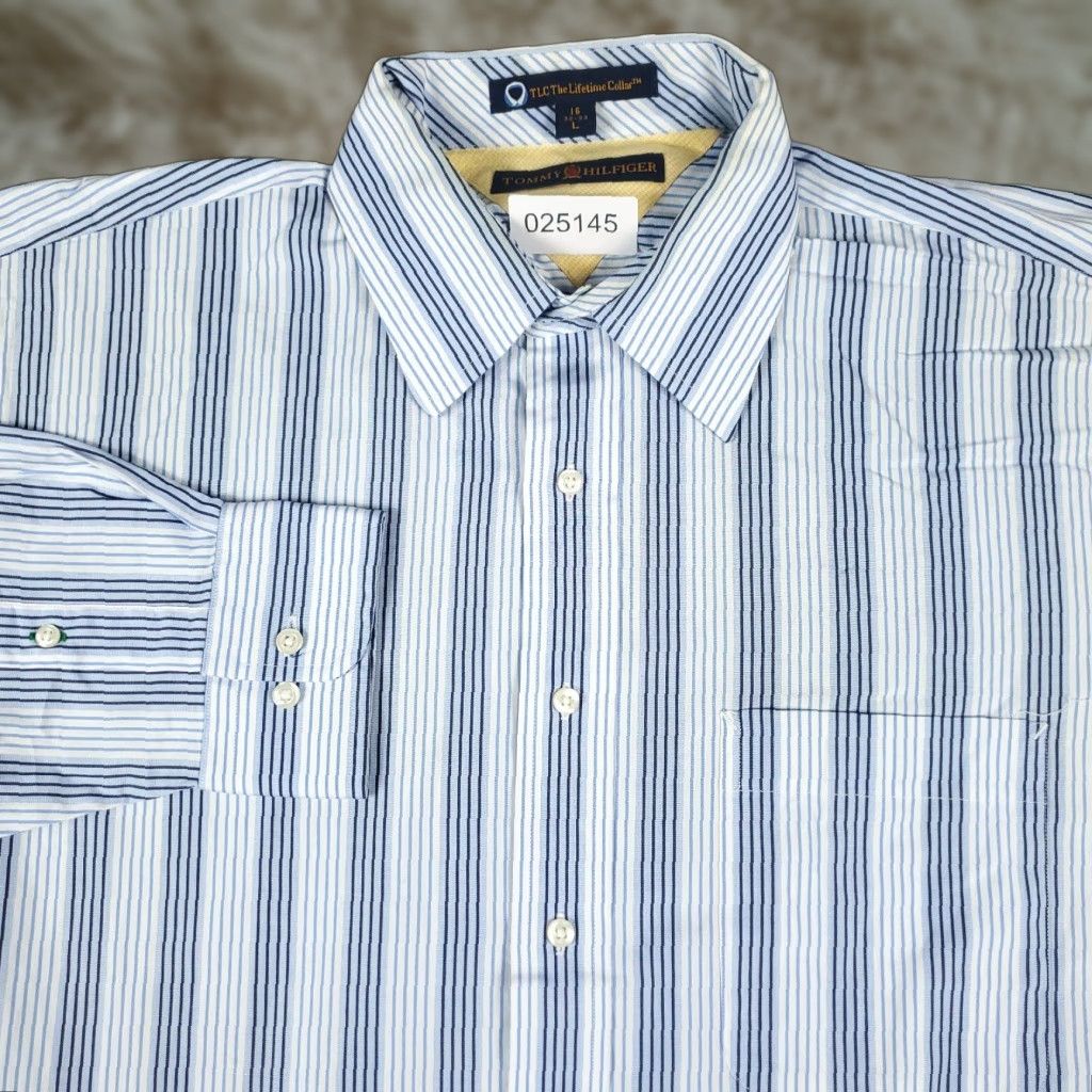 Tommy Hilfiger VINTAGE Tommy Hilfiger Shirt Mens Large Blue Striped Button-Up Long Sleeve Classic Casual Dress Shirt Mens L Blue Striped Tommy Hilfiger Size US L / EU 52-54 / 3 - 1 Thumbnail