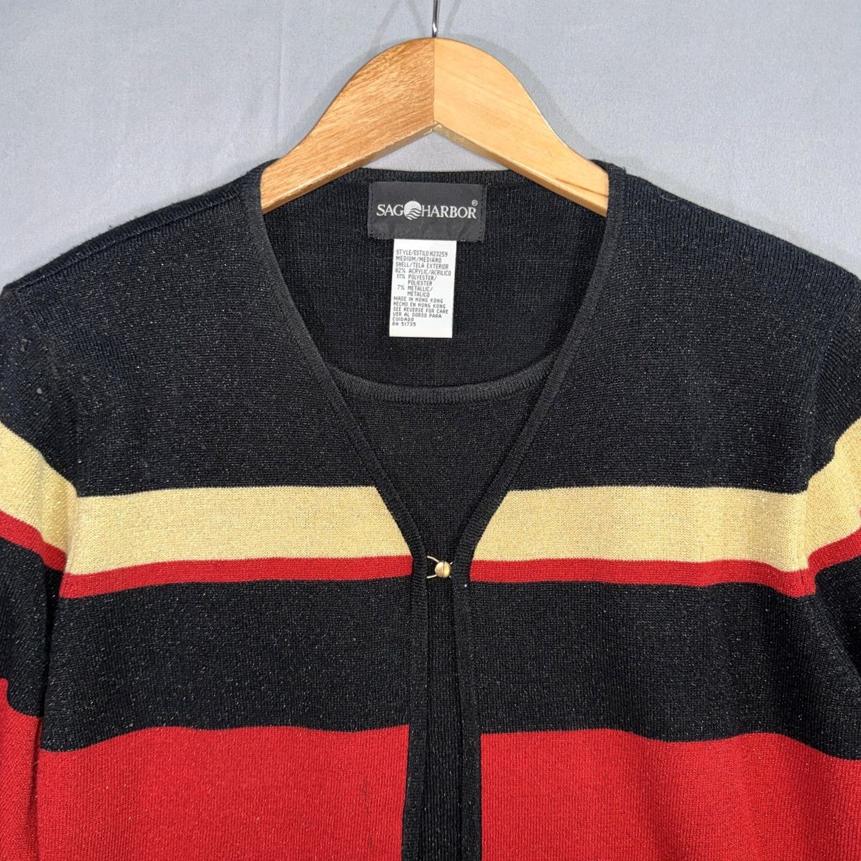Vintage Sag Harbor Cardigan Sweater Womens Medium Black Striped Metallic Knit Hong Kong Size M / US 6-8 / IT 42-44 - 3 Thumbnail