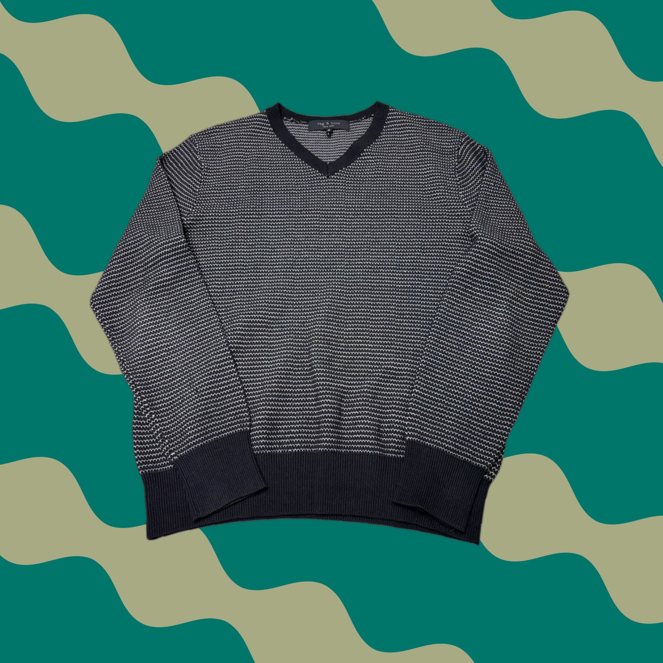 Rag & Bone rag & bone Sweater Shirt Mens V-Neck Geometric Patterned Cotton Blend Black White M Blue Navy Size US M / EU 48-50 / 2 - 1 Thumbnail