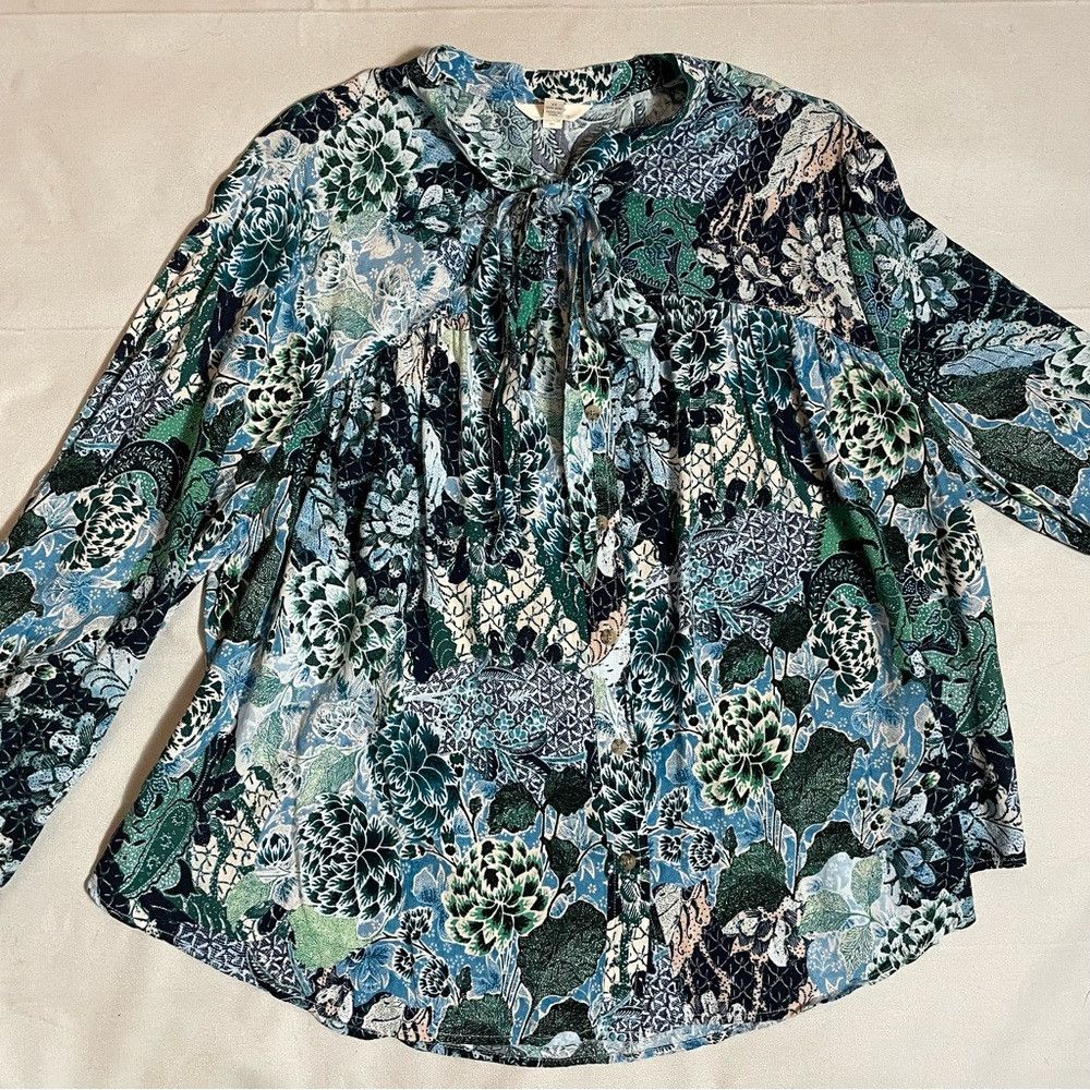 Other Terra & Sky Floral Long Sleeve Tie Neck Rayon Blouse Size 2 Size XXL / US 16-18 / IT 52-54 - 5 Thumbnail