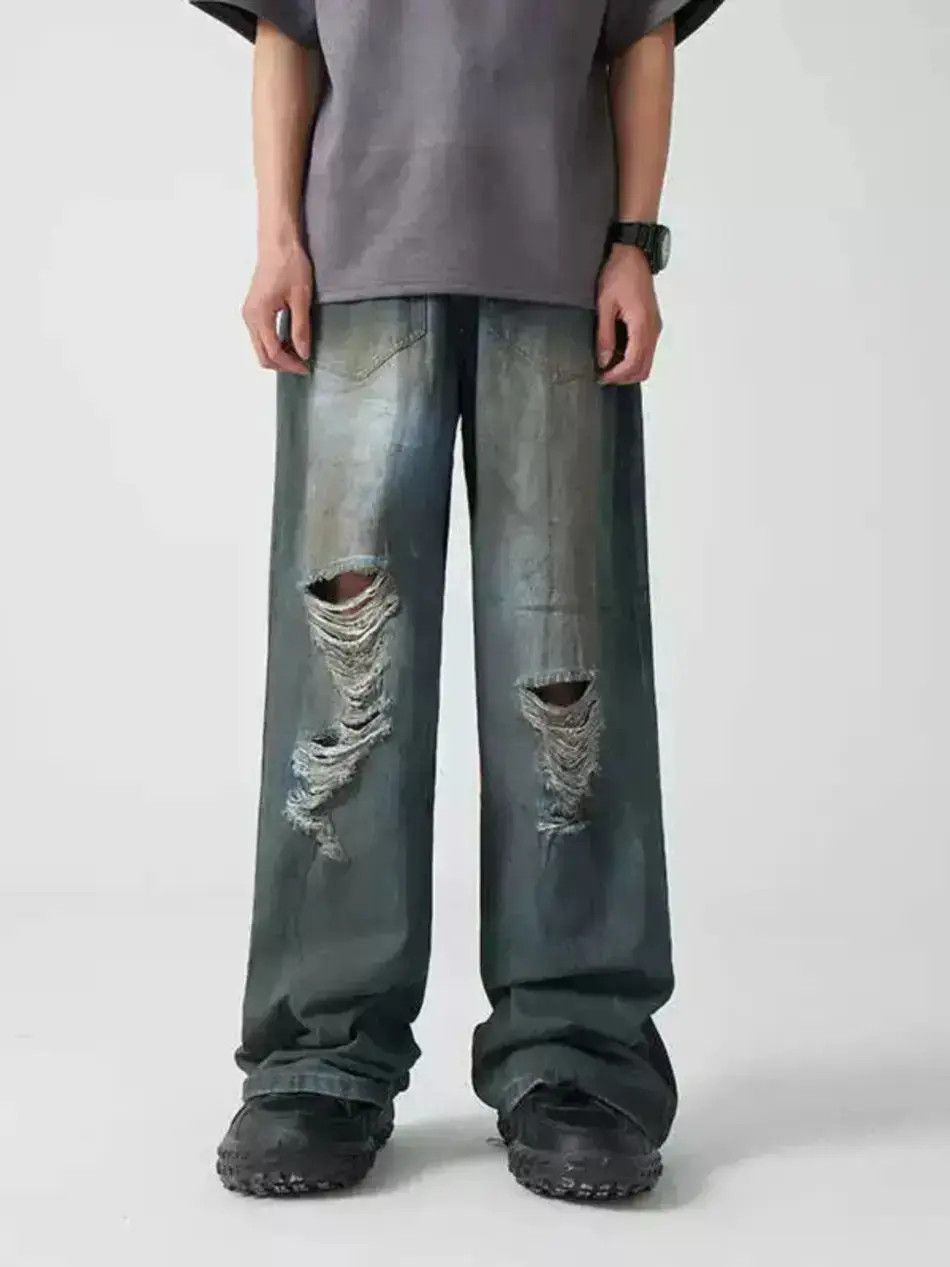 Japanese Brand Retro straight leg distressed jeans Size US 32 / EU 48 - 2 Thumbnail