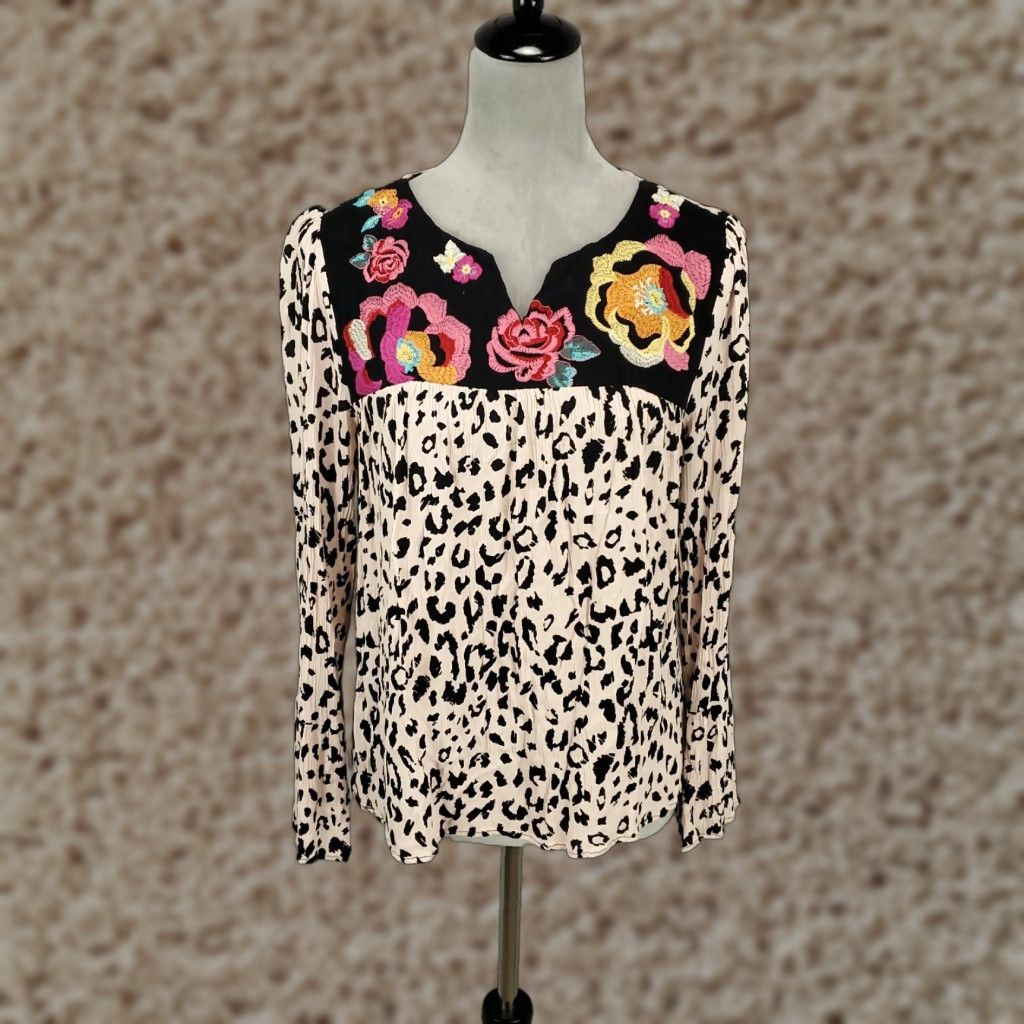 Vintage Savanna Jane Top Womens Small Boho Embroidered Flowers Leopard Blouse Teaming Size S / US 4 / IT 40 - 1 Thumbnail