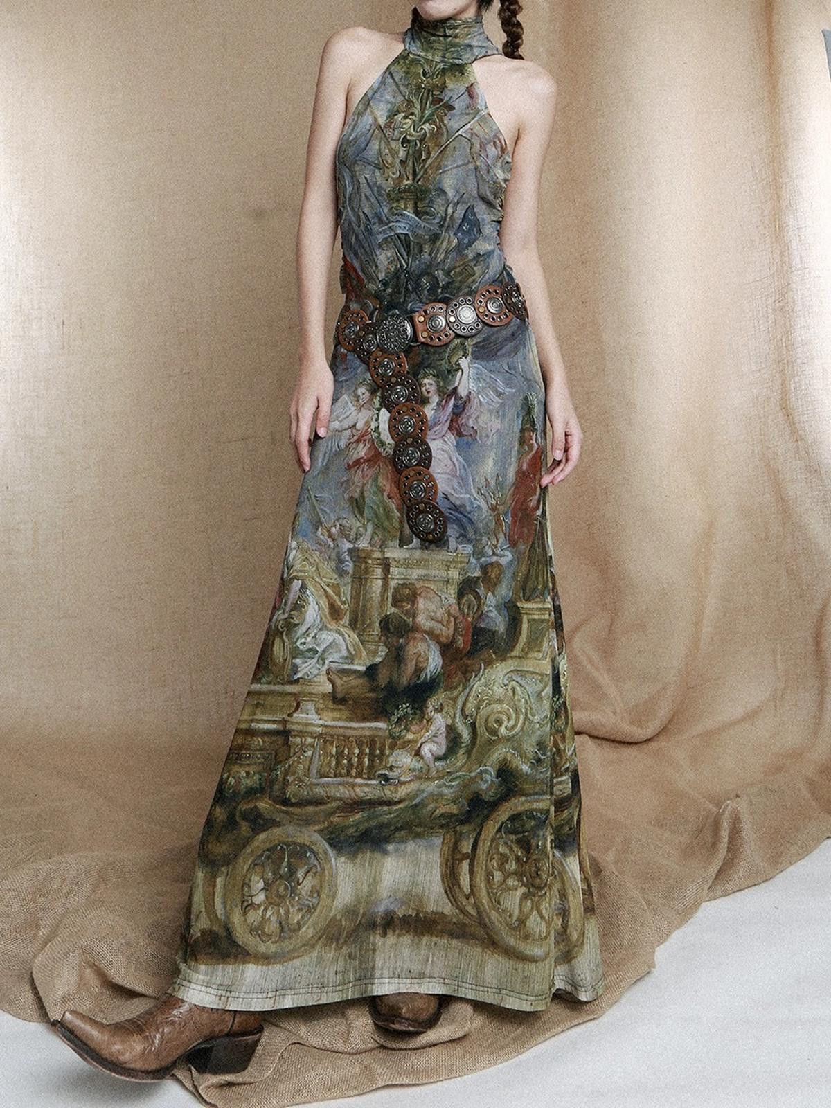 Designer Vintage Style Painting Print Halter Maxi Dress Size M / US 6-8 / IT 42-44 - 1 Thumbnail