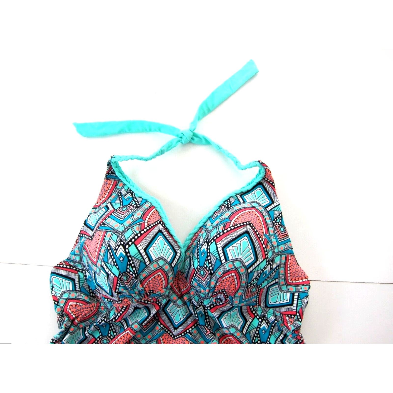 AQUA NWT Aqua Couture Geometric Tankini Top L Built In Bra Halter Swim Blue Black Orange Women Size ONE SIZE - 4 Thumbnail
