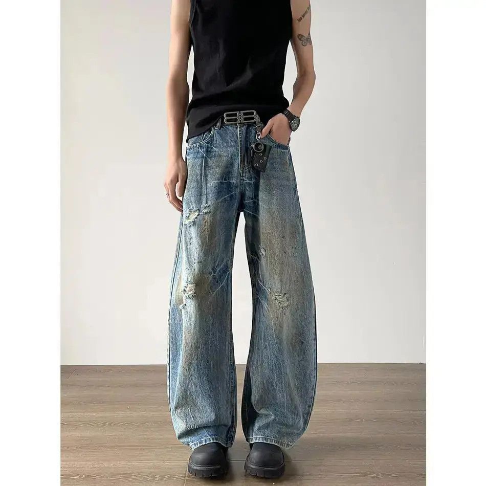 Japanese Brand Retro loose straight leg wide leg ripped jeans Size US 32 / EU 48 - 3 Thumbnail