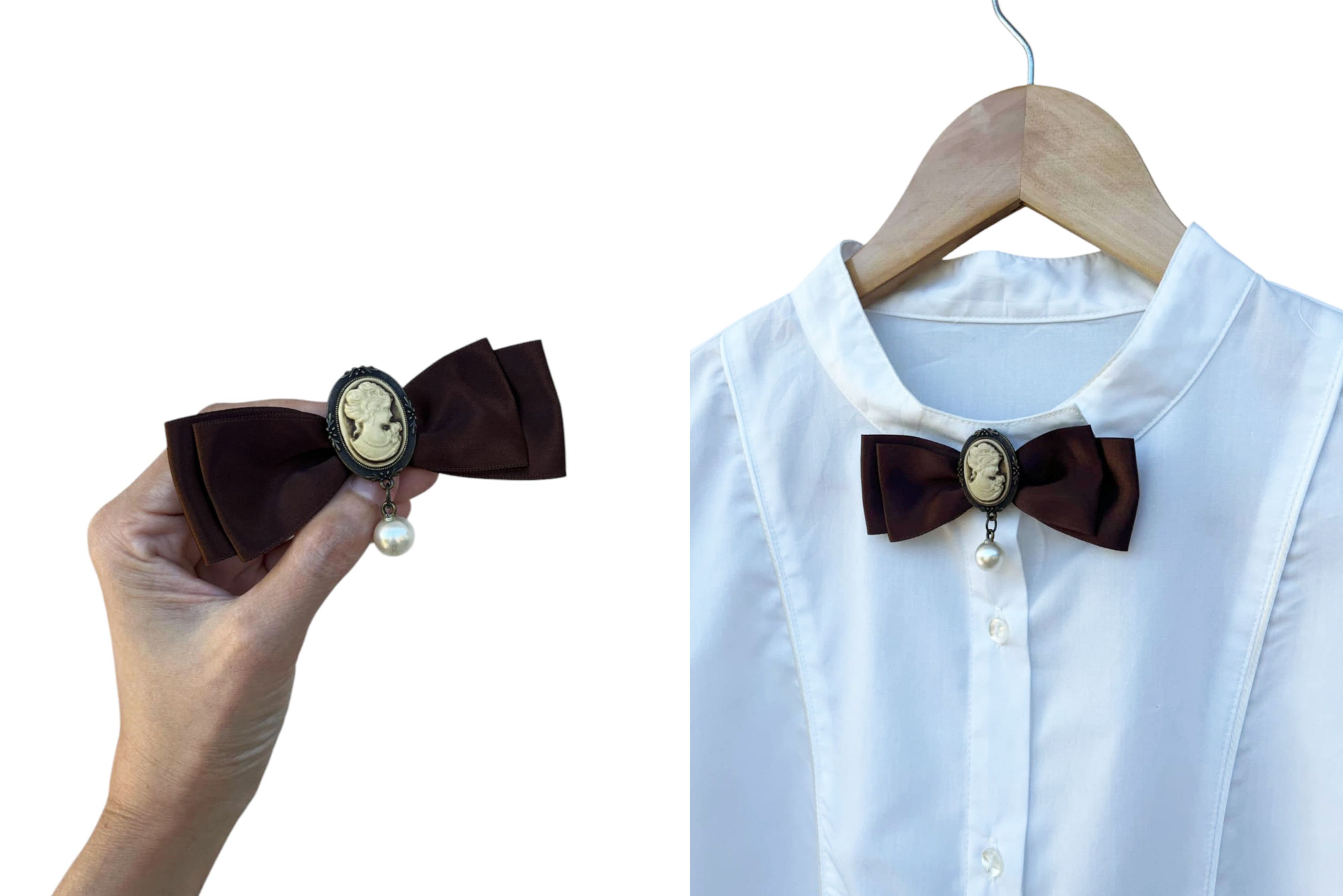 Vintage Brown Satin Ribbon Brooch With Cameo and dangling pearl Size ONE SIZE - 2 Thumbnail