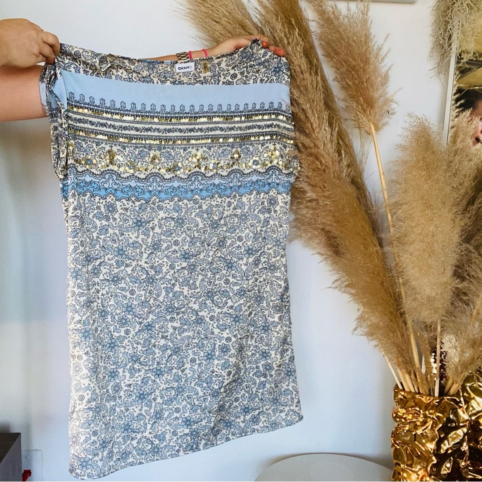 DKNY Blue Cream Gold Sequins Paisley Print Mini Dress Tunic