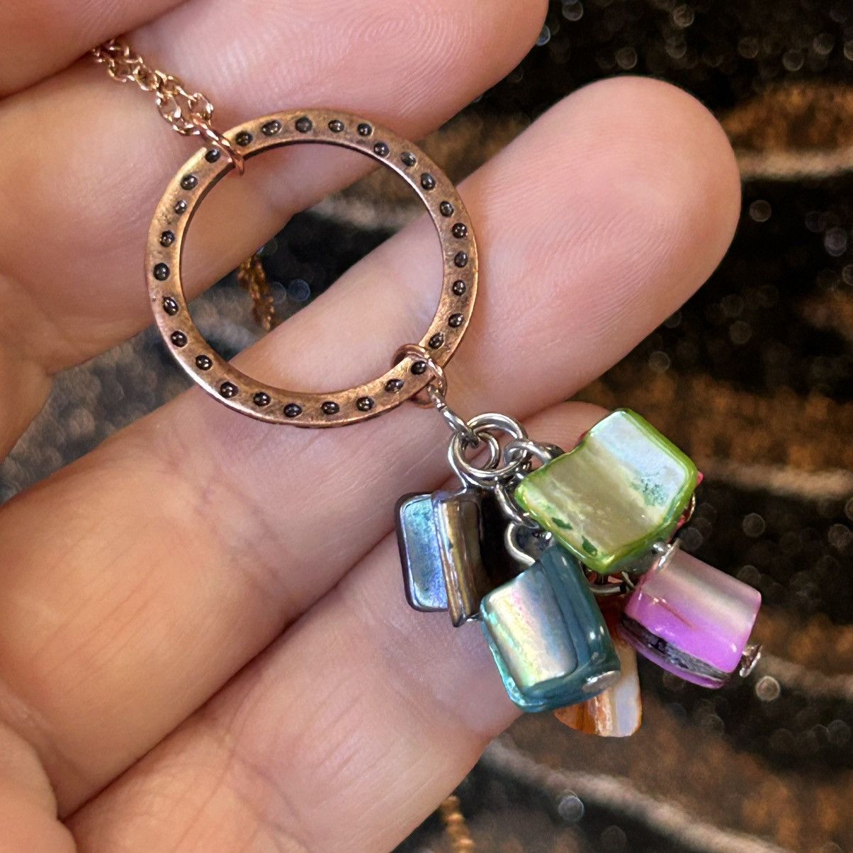 Handmade Handcrafted salvaged copper ring dyed shell dangle necklace Size ONE SIZE - 6 Thumbnail