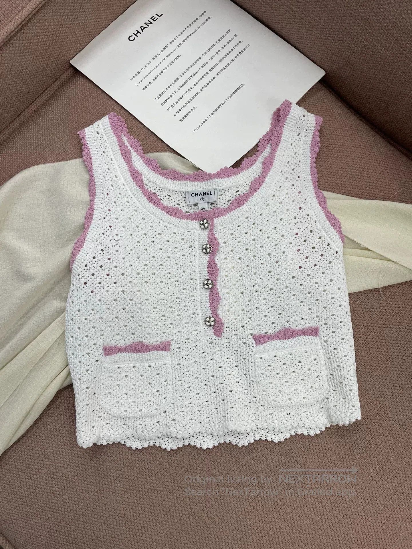 Chanel Chanel White Knit Sleeveless Top with Pink Trim. Size US XS / EU 42 / 0 - 1 Thumbnail