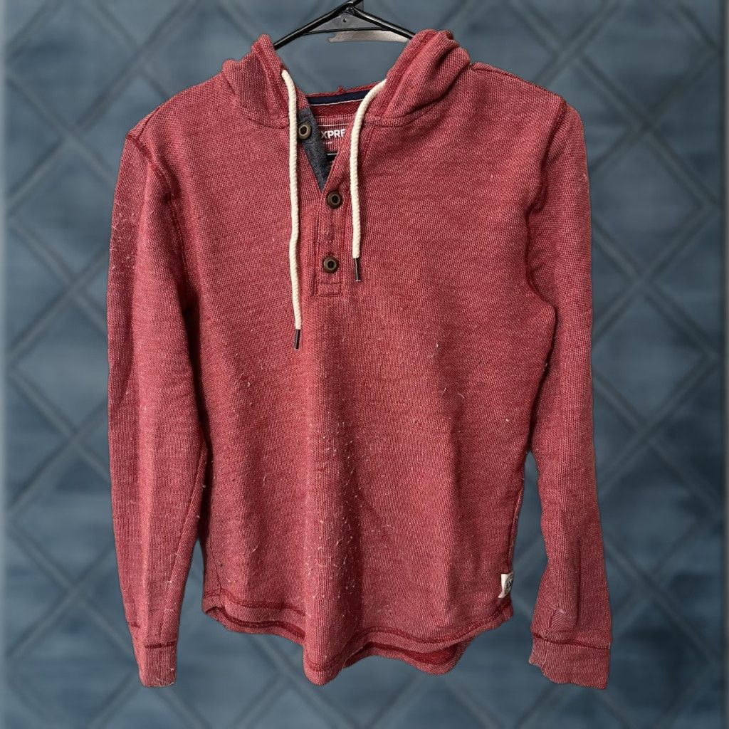 Express VINTAGE Express Knit Hoodie Mens XS Red Pullover 3 Button Cotton Sweatshirt Knitted Breathable Hooded 90s Mens Size US L / EU 52-54 / 3 - 1 Thumbnail