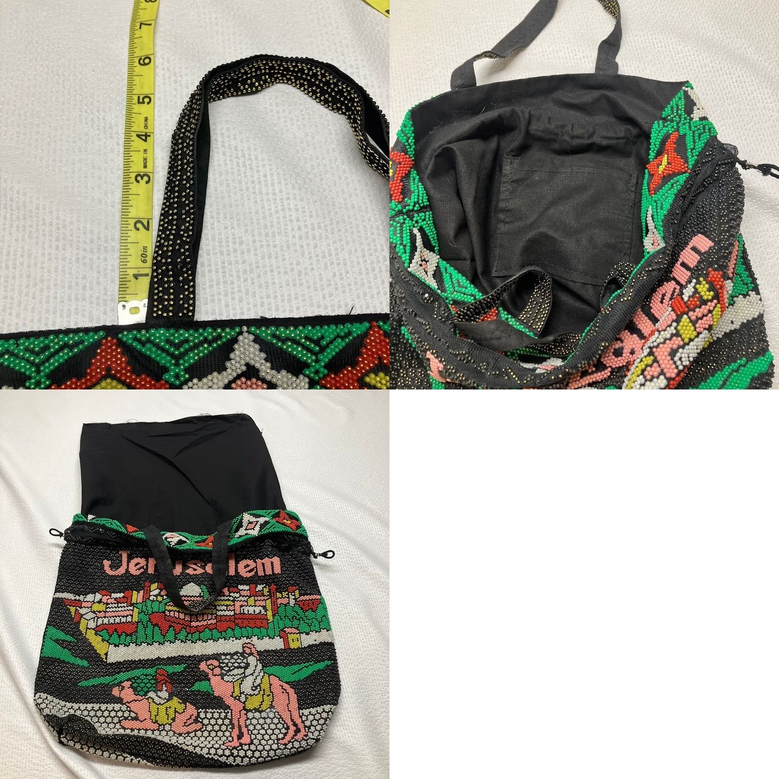 Doublet VINTAGE Jerusalem Cityscape Beaded Tote Bag Purse Handmade Black Double Handle Satchel Top Handle Women Medium Size ONE SIZE - 8 Thumbnail