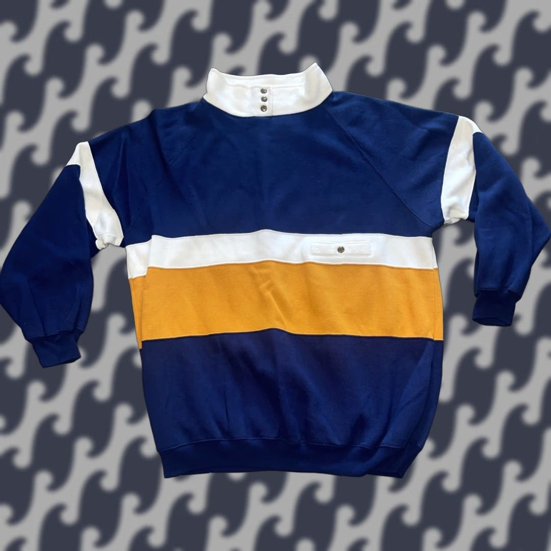 Noah VINTAGE Mister Noah Sweatshirt Women 20W Pullover Mock Neck Striped Nautical Athletic Classic Navy Blue Yellow White Pocket Snaps Fleece Lightweight Size 3XL / US 20-22 - 1 Thumbnail