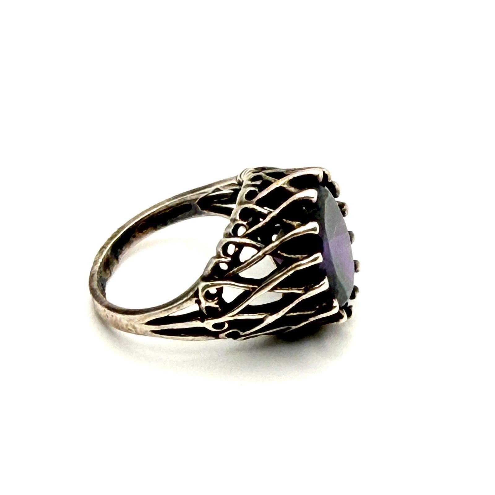 Handmade Vintage 70s Sterling Silver Amethyst Filigree Statement Ring Size ONE SIZE - 4 Thumbnail