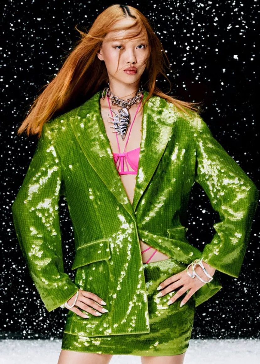 H&M Studio Metaverse Design Story Green Neon Sequin Blazer