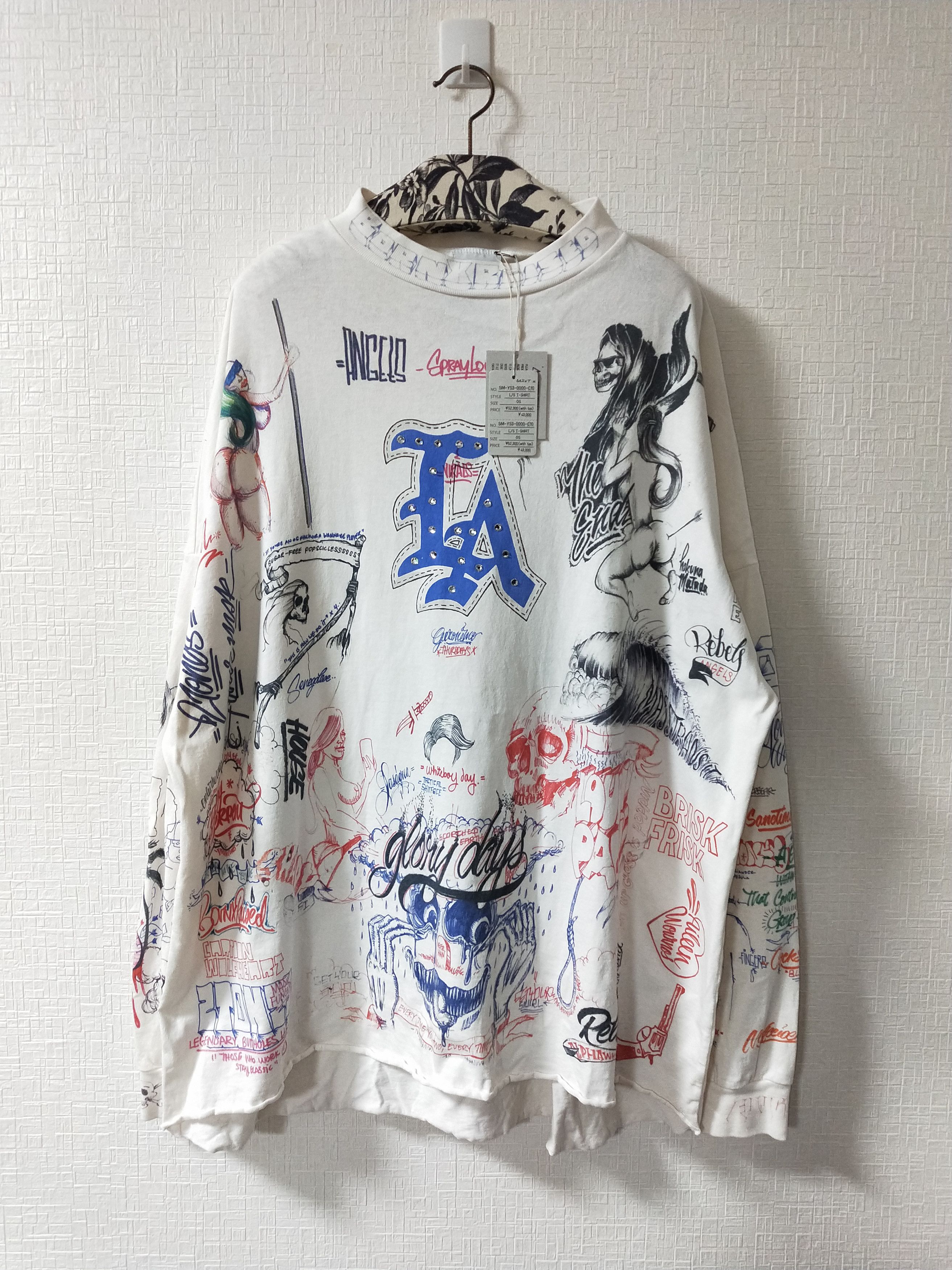 image of Born x Raised x Saint Michael Graffiti Mock Neck L/s Tee in White, Men's (Size XL)