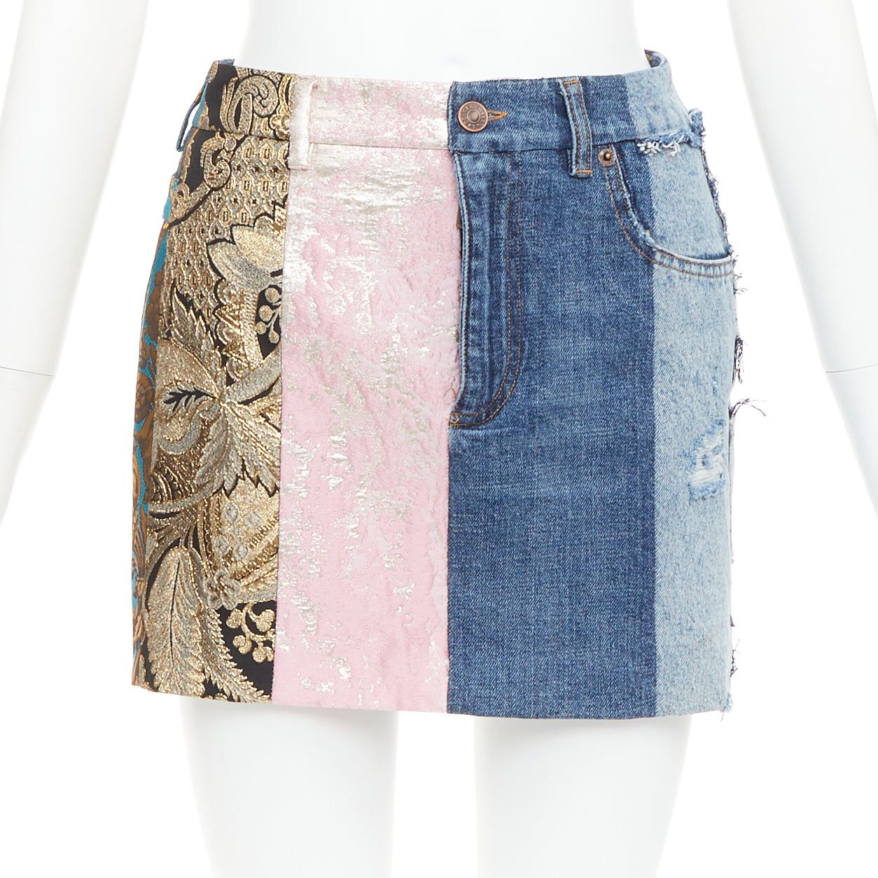 Dolce & Gabbana DOLCE GABBANA Denim Minirock gold blue jacquard patchwork mini skirt IT38 XS Size 26" / US 2 / IT 38 - 1 Thumbnail