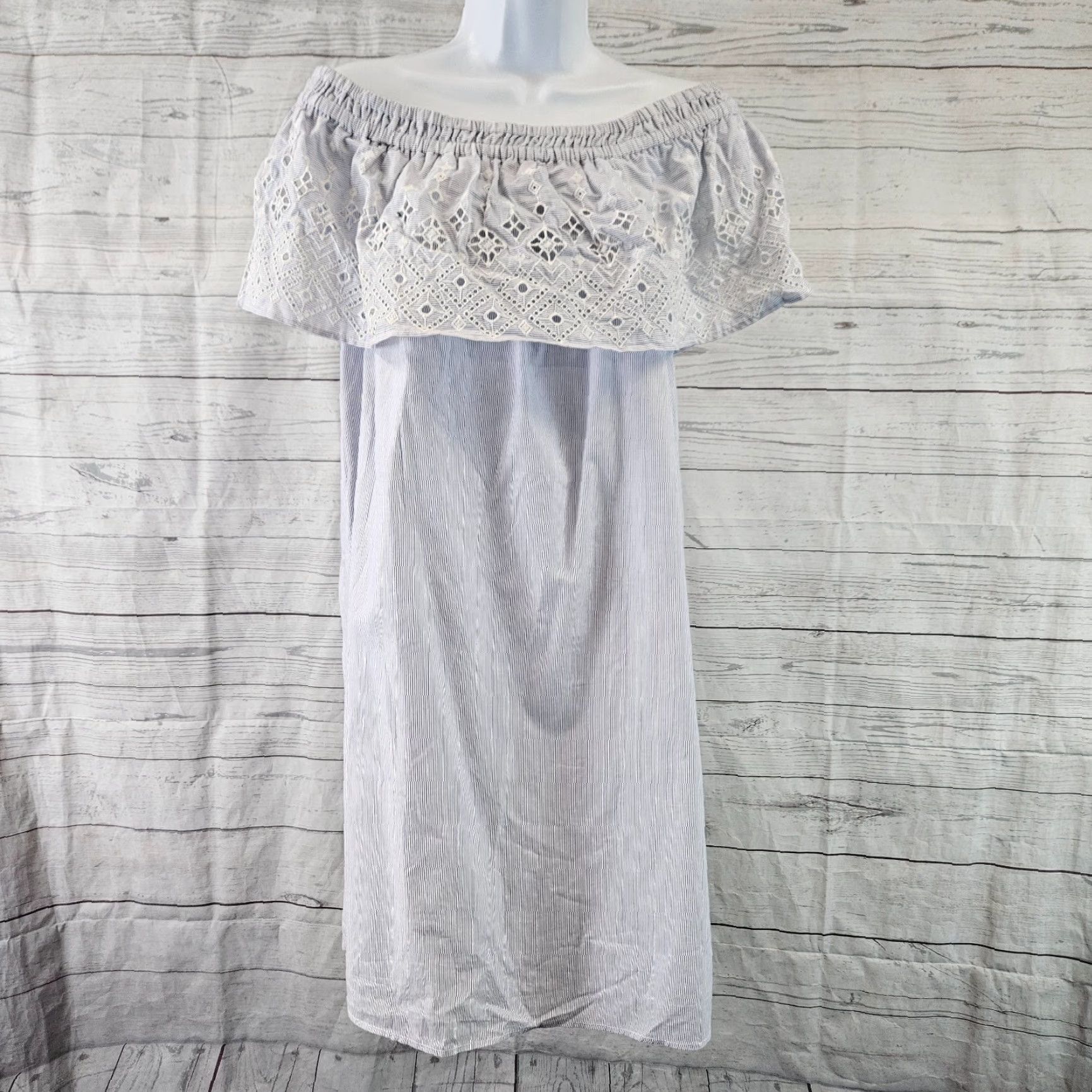 Loft Ann Taylor LOFT Womens Off The Shoulder Dress XS White Blue Embroidered Size XS / US 0-2 / IT 36-38 - 2 Thumbnail