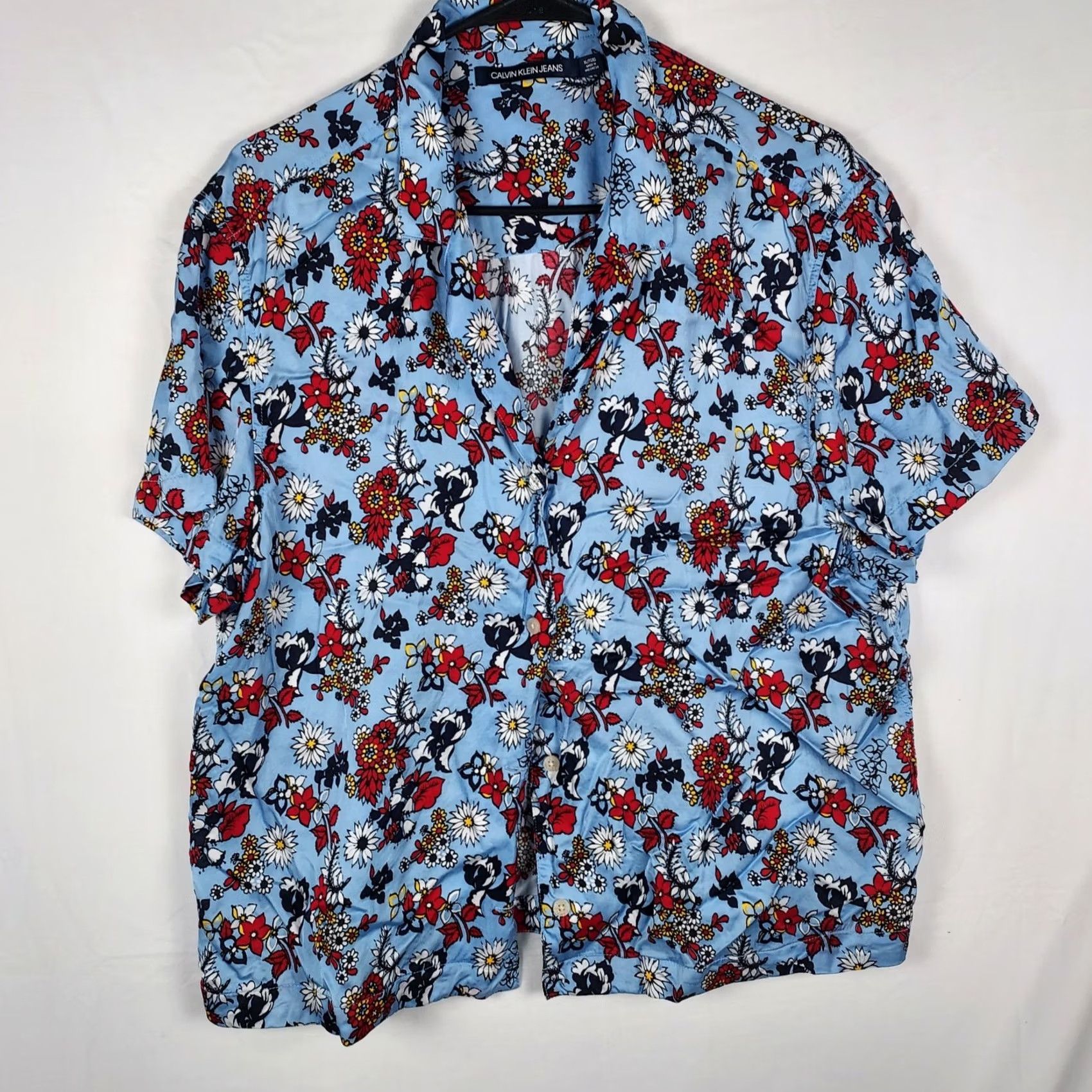 Vintage Calvin Klein Jeans Floral Shirt Men XL Blue Red Short Sleeve Button Up Viscose Size US XL / EU 56 / 4 - 2 Thumbnail