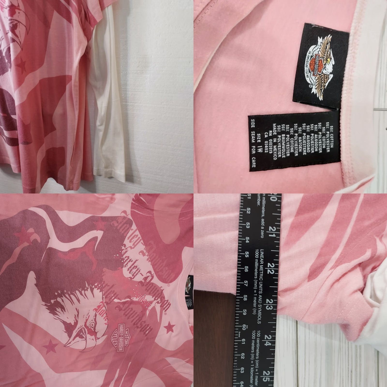 Harley Davidson Harley-Davidson Womens T-Shirt 1W Pink & White Long Sleeve Rhinestones Size XS / US 0-2 / IT 36-38 - 8 Thumbnail