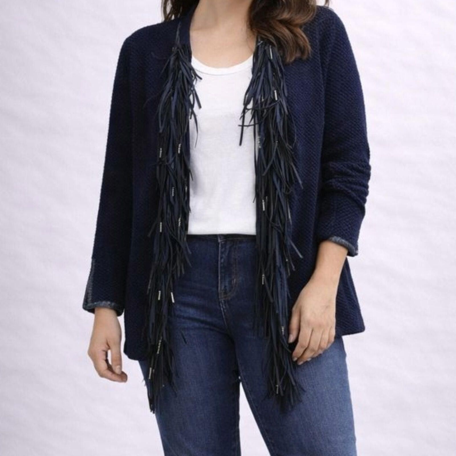 Chicos Chicos Black Knit Fringe Leather Cardigan Jacket Women Small Size S / US 4 / IT 40 - 2 Thumbnail
