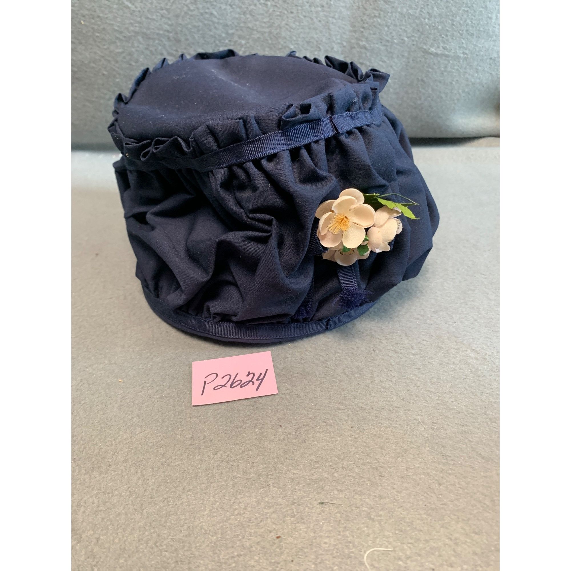 Vintage Handmade Navy Blue Ruffled Vintage Hat with Floral Accent by Size ONE SIZE - 9 Thumbnail