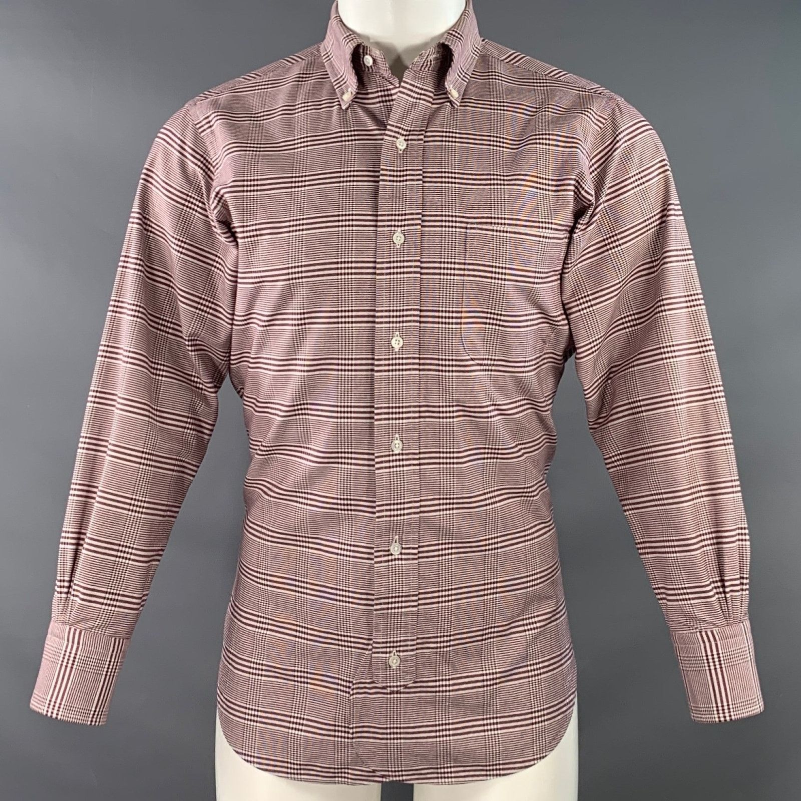 Brooks Brothers Black Fleece Burgundy White Glenplaid Cotton One Pocket Long Sleeve Shirt Size US S / EU 44-46 / 1 - 1 Thumbnail