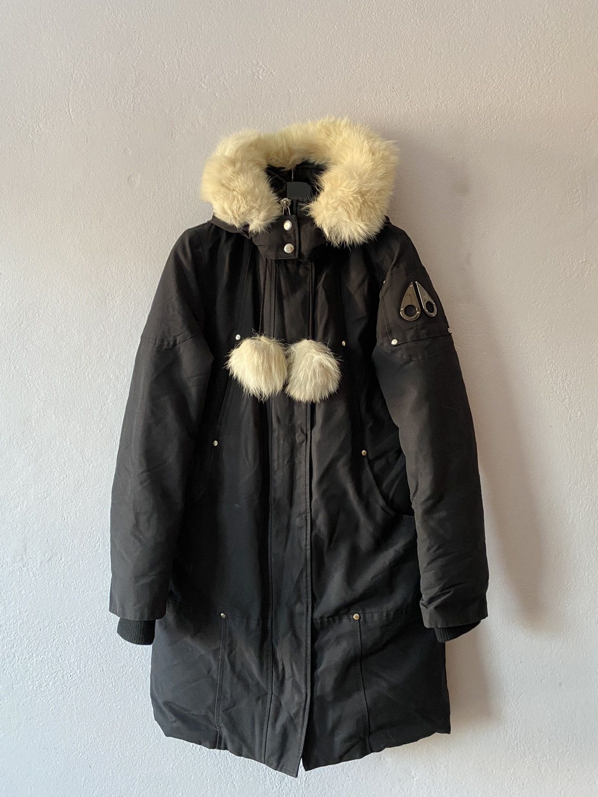 image of Made In Canada x Moose Knuckles Hooded Coat Down Fur Faux Jacket in Black, Women's (Size Small)