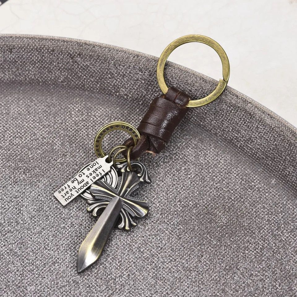 Vintage Vintage Woven Cowhide Keychain Pendant Bronze Cross Pendant Size ONE SIZE - 4 Thumbnail