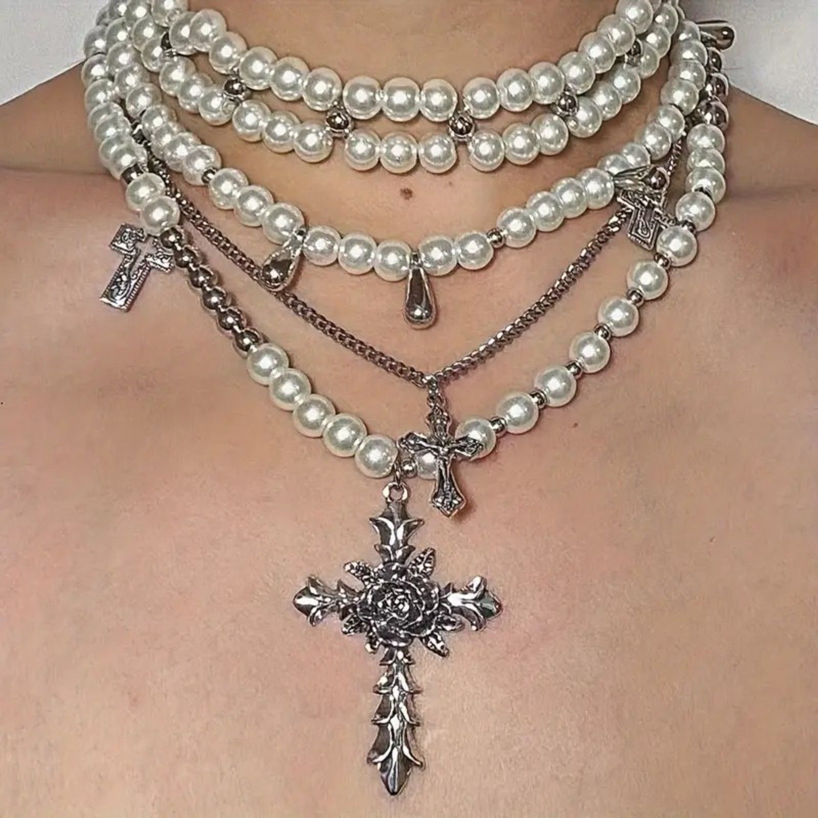 Other Gothic Goth Punk Pearl Multi-Layer Cross Choker Necklace Size ONE SIZE - 3 Thumbnail