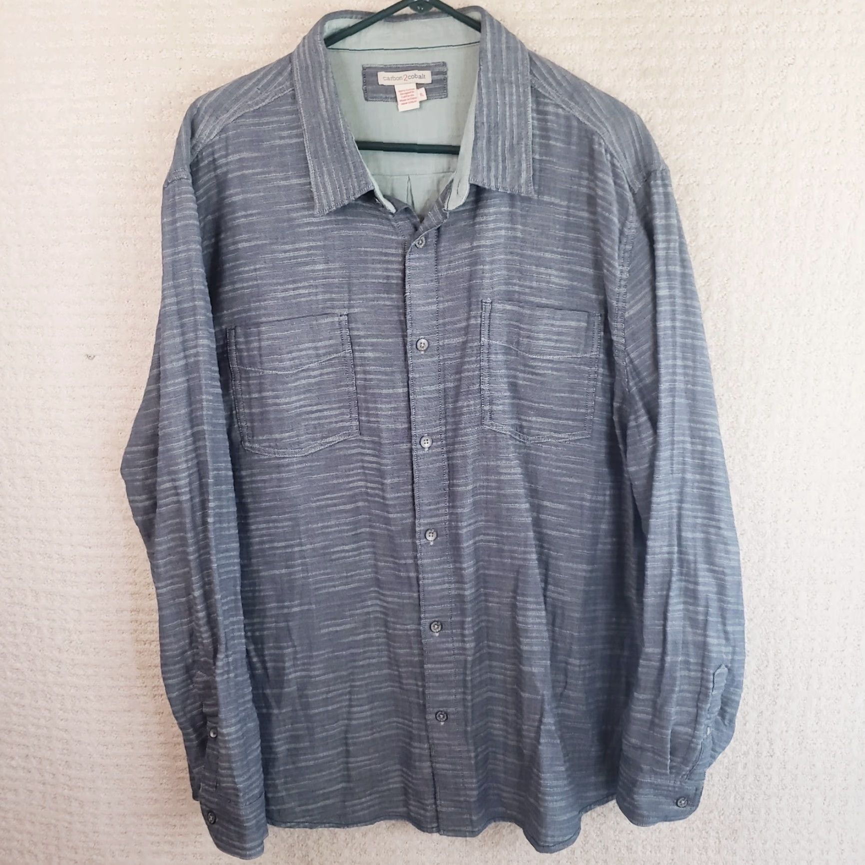 Carbon2Cobalt Carbon 2 Cobalt Shirt Men's XL Blue Green Horizontal Wave Striped Button Up Long Sleeve 100% Cotton Modern Western Business Casual Size US XL / EU 56 / 4 - 2 Thumbnail