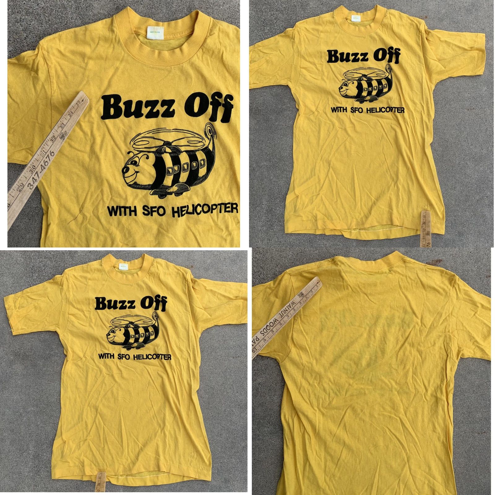 Vintage VINTAGE Belton T-Shirt Buzz Off With SFO Helicopter Graphic Bee 100% Cotton Crew Neck Short Sleeve L Mens Yellow 1970s Size US L / EU 52-54 / 3 - 9 Thumbnail