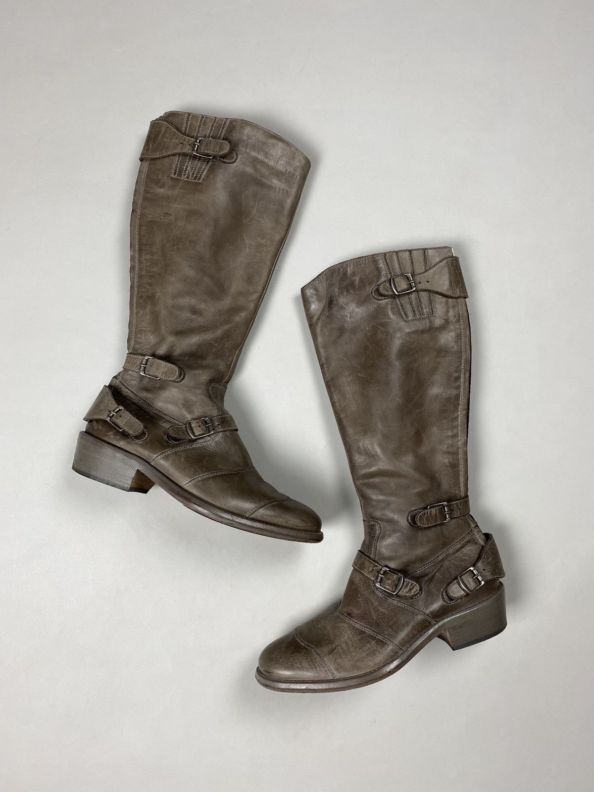 Belstaff Trialmaster Leather Over The Knee Biker Boots Shoes in Grey, Women's (Size 8)