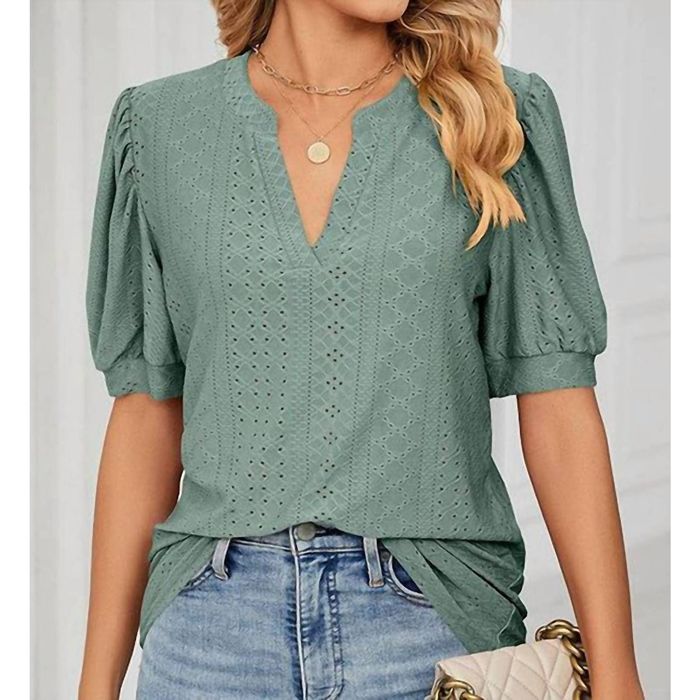 Designer LILY Melanie Eyelet Embroidered Puff Sleeve Top In Sage | Grailed