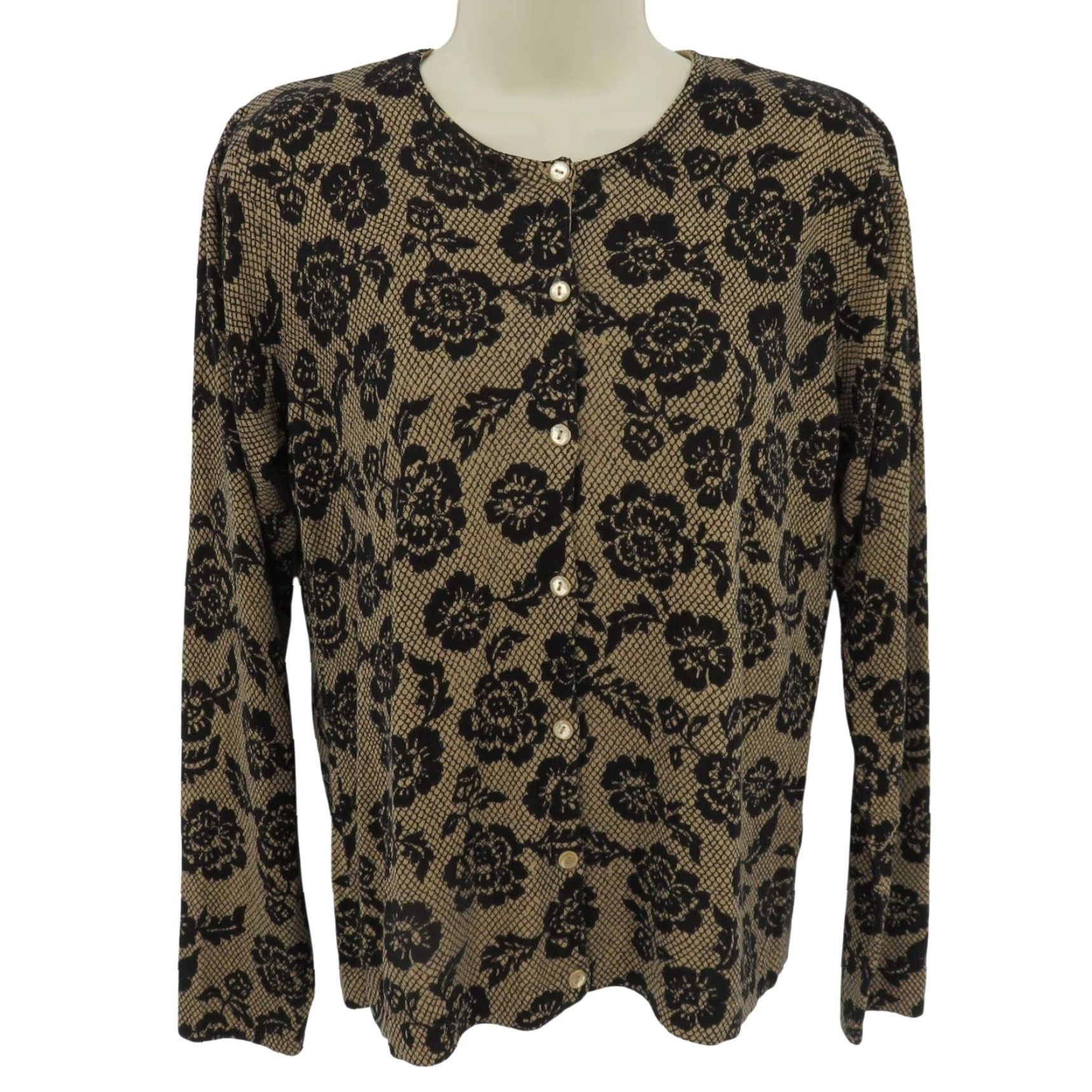 Vintage August Silk Knits Cardigan Sweater Women Medium Black Floral Print Round Neck Long Sleeve Size M / US 6-8 / IT 42-44 - 2 Thumbnail