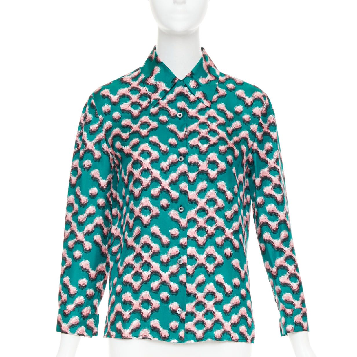Prada PRADA 100% silk green pink geometric print long sleeve shirt IT38 XS Size XS / US 0-2 / IT 36-38 - 1 Thumbnail